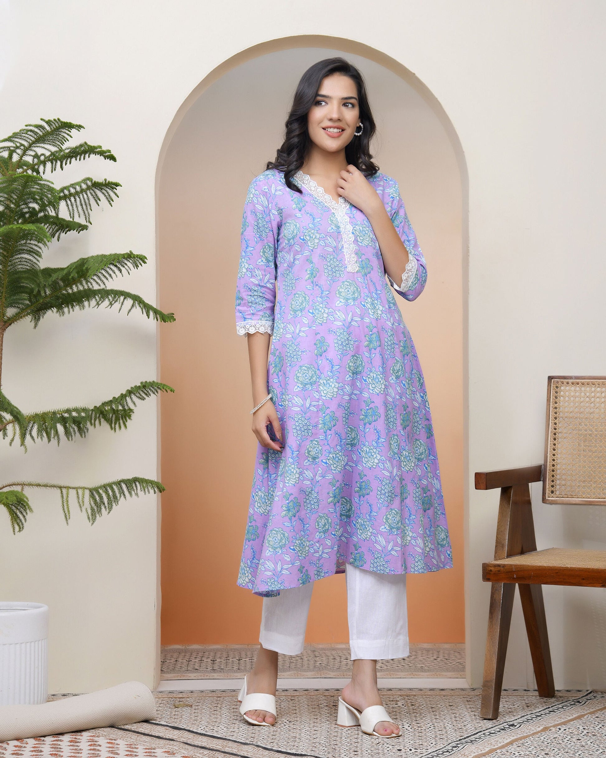 Women lavender floral Cotton printed flare Kurti