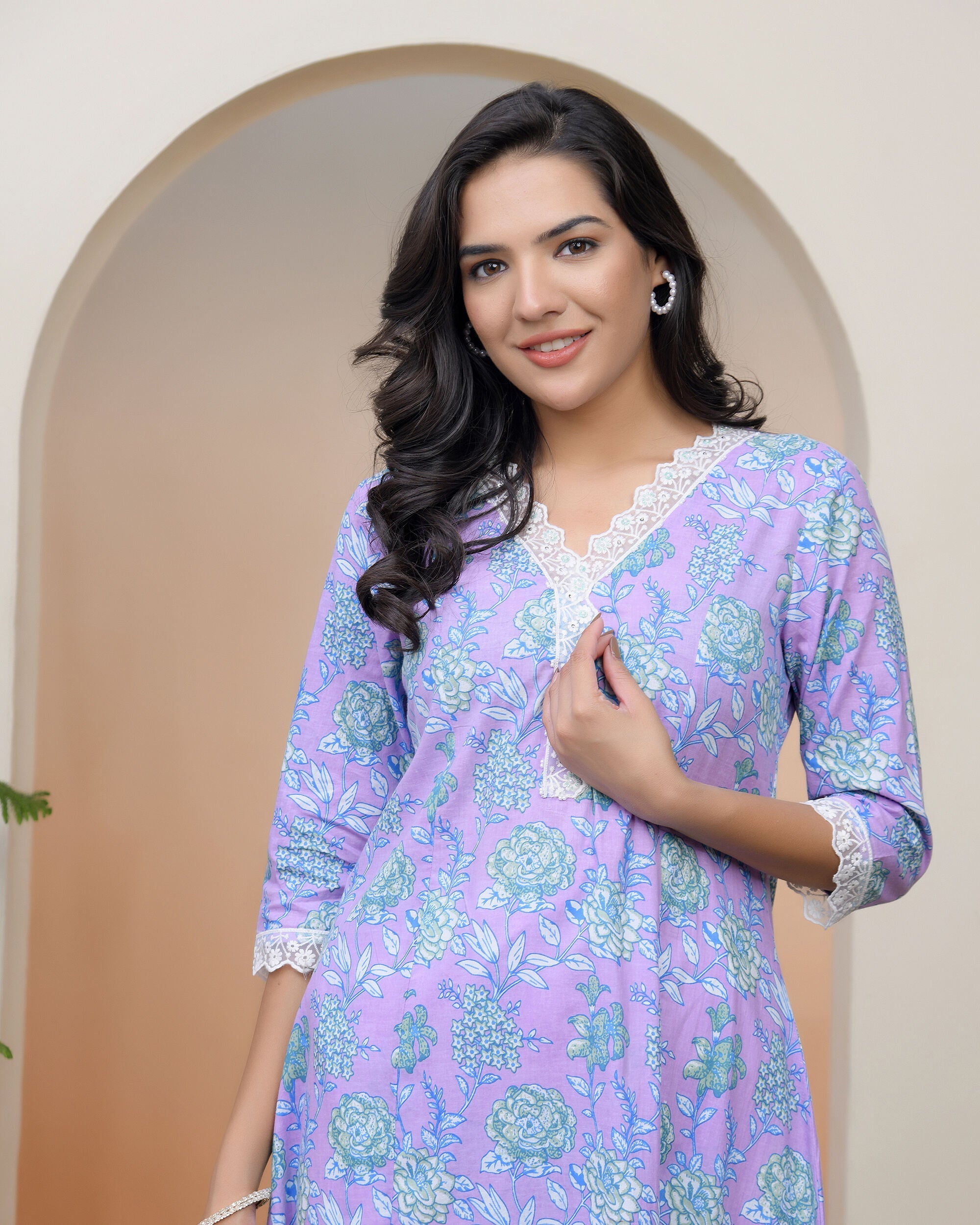Women lavender floral Cotton printed flare Kurti
