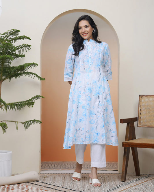 Women white floral Cotton printed flare Kurti
