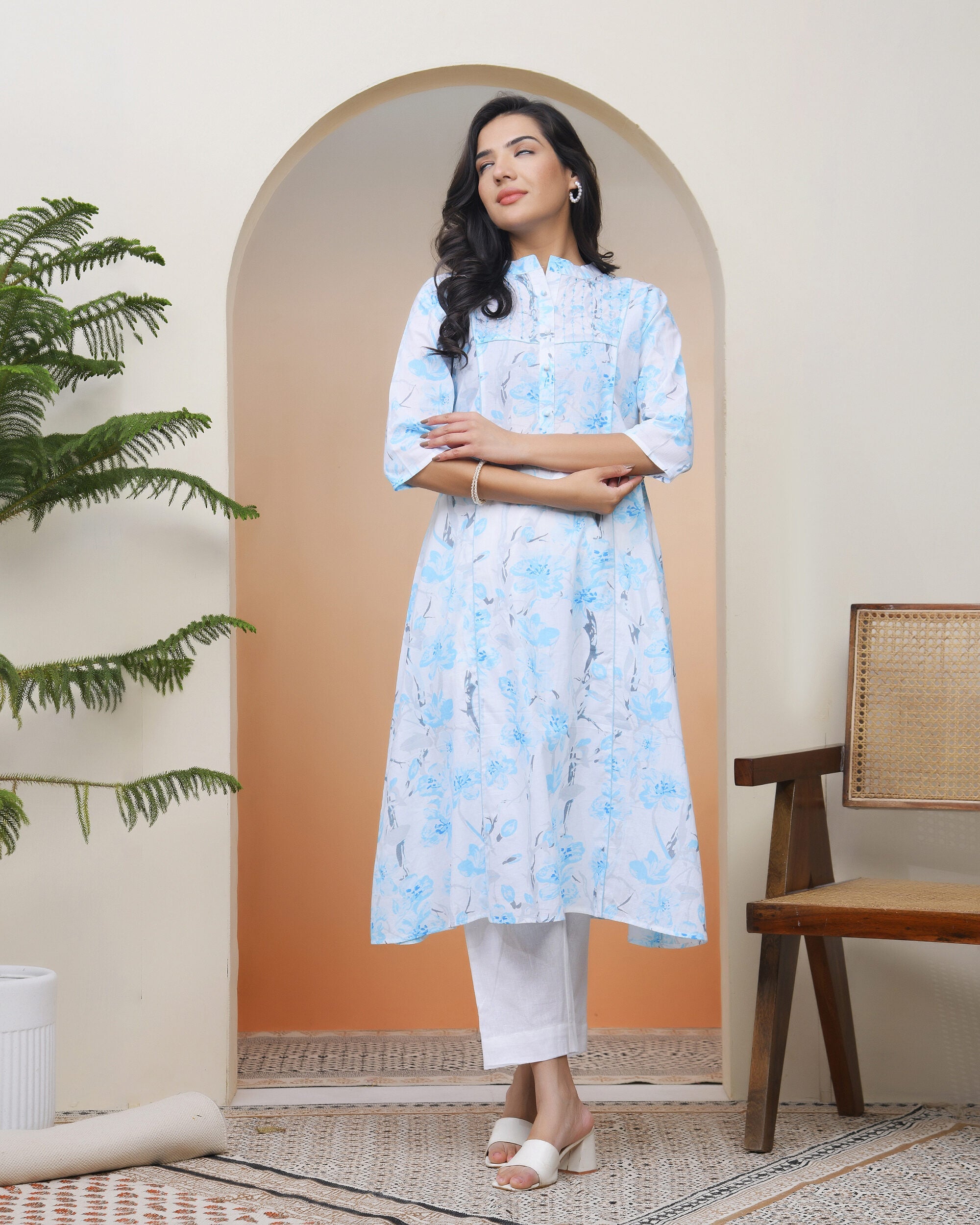 Women white floral Cotton printed flare Kurti