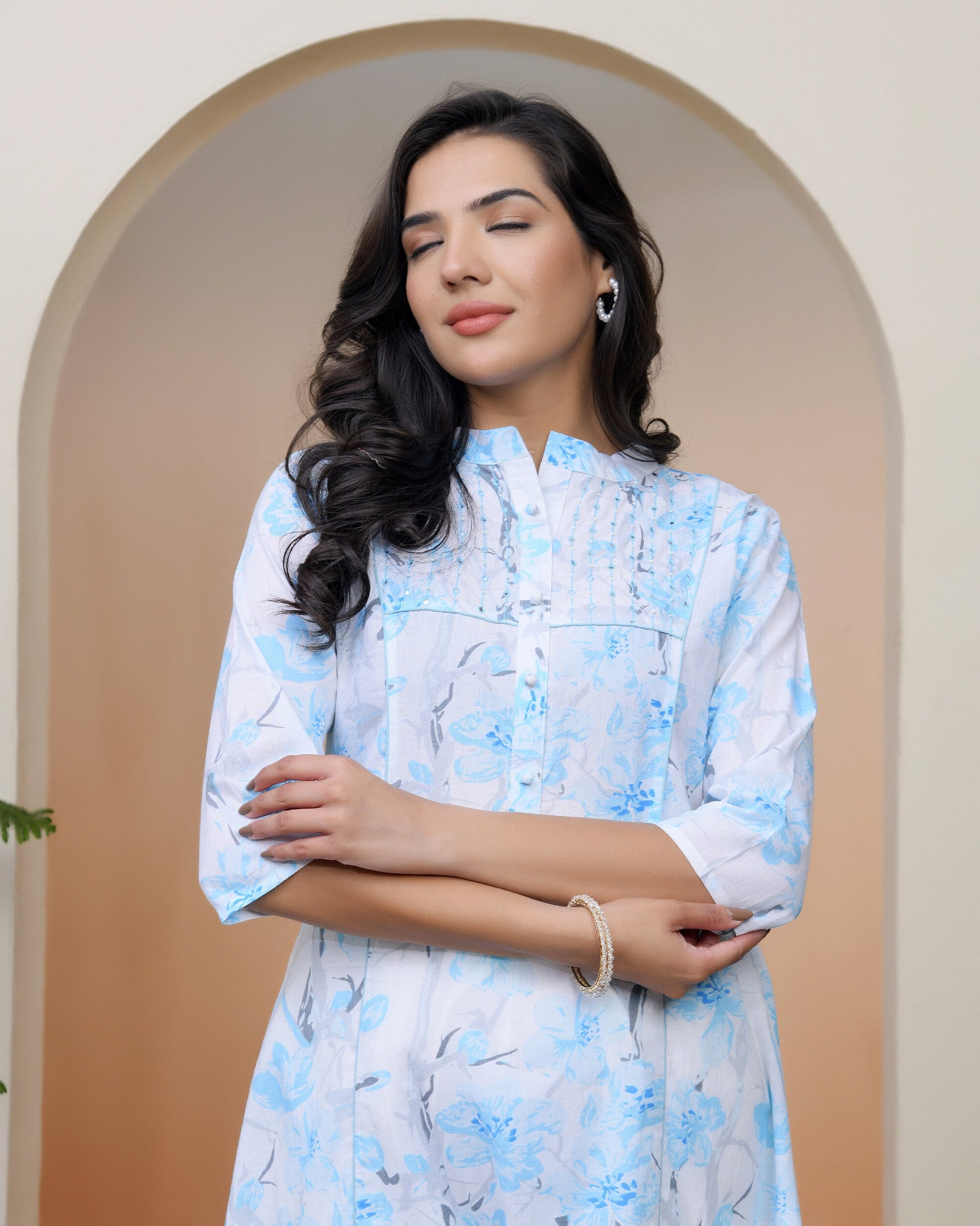 Women white floral Cotton printed flare Kurti