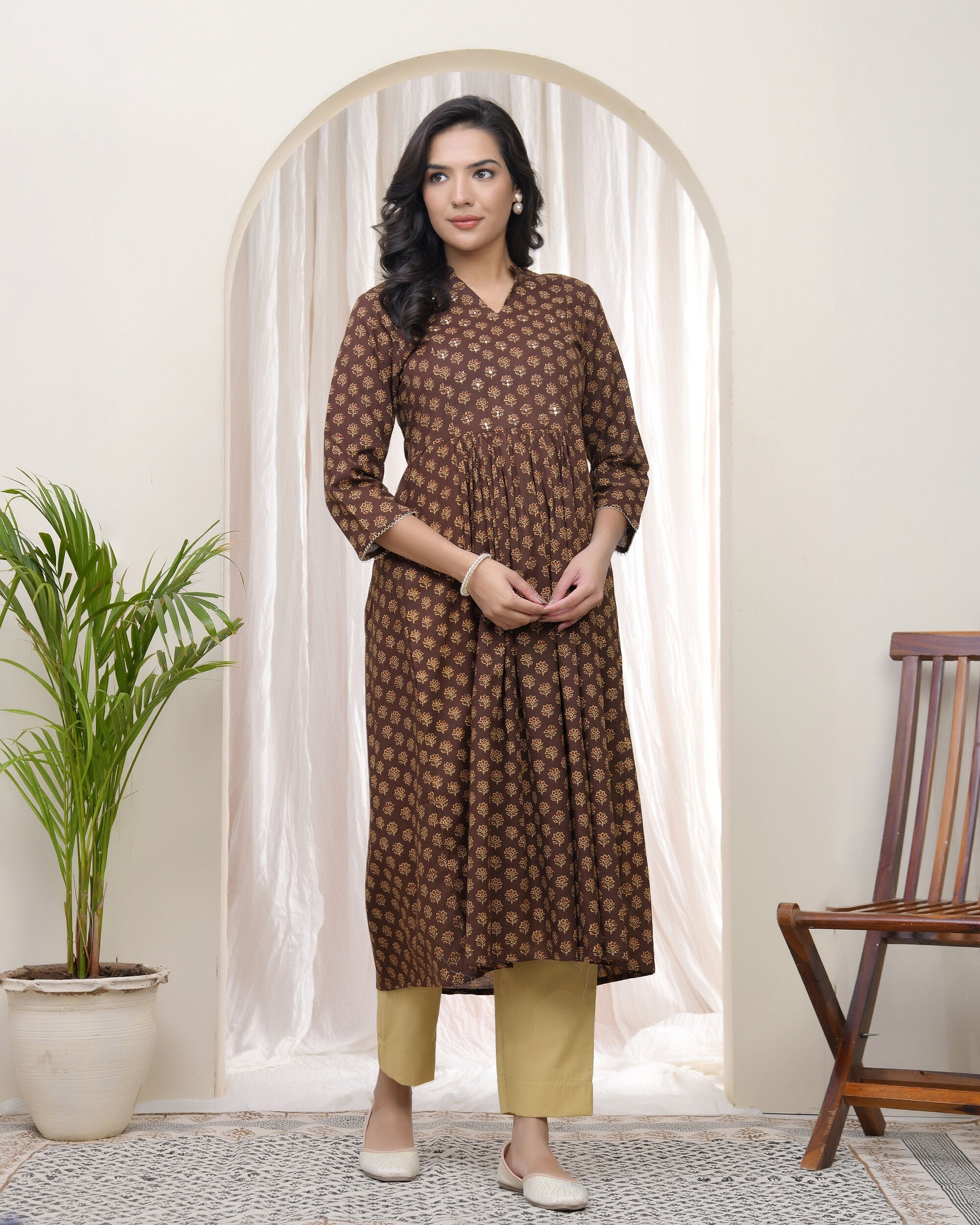 Brown boonta Cotton printed gathered Kurti