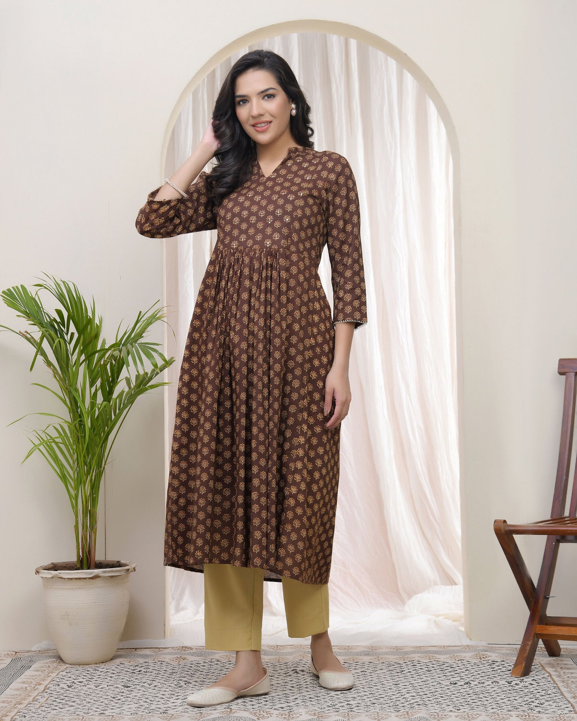 Brown boonta Cotton printed gathered Kurti