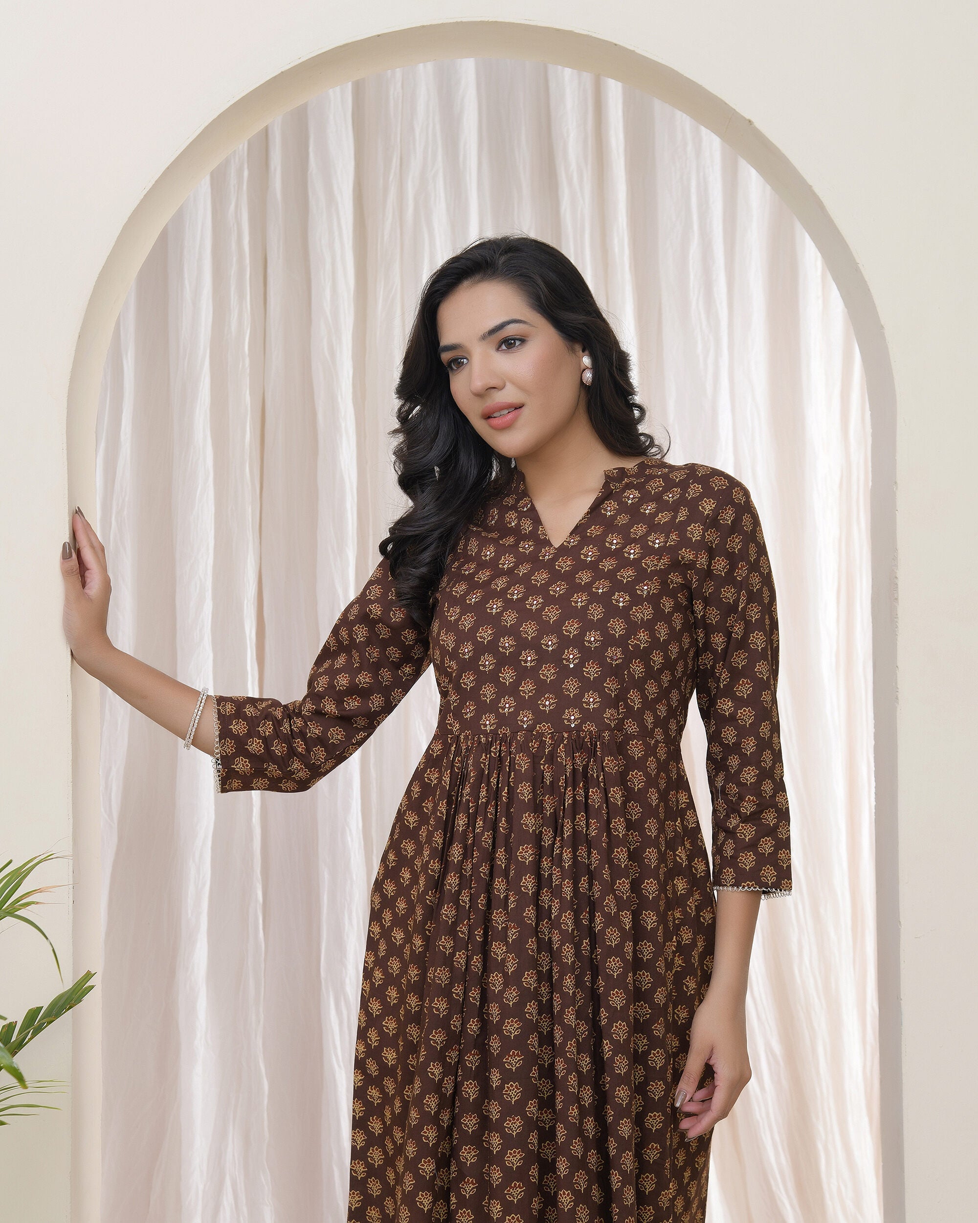 Brown boonta Cotton printed gathered Kurti