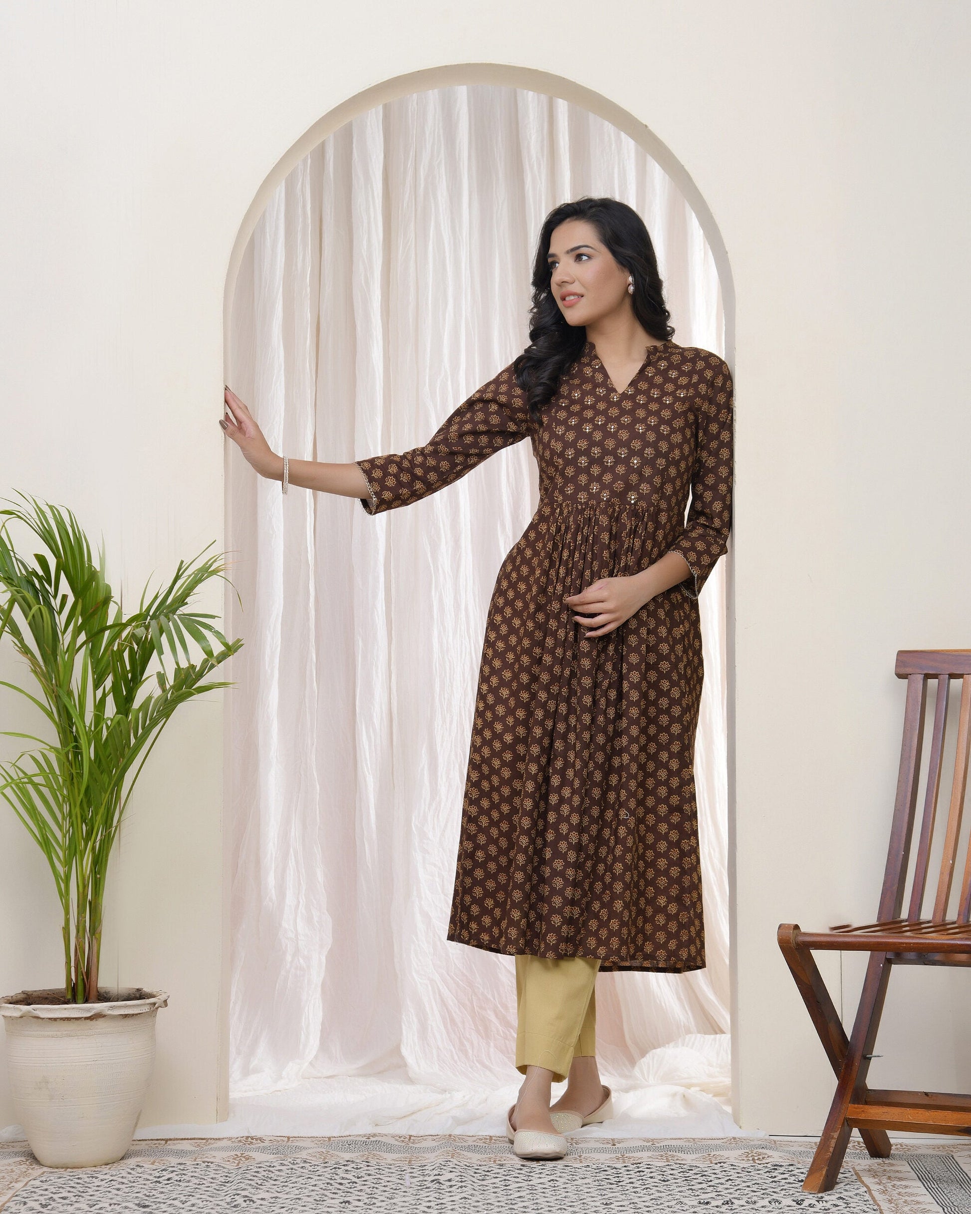 Brown boonta Cotton printed gathered Kurti