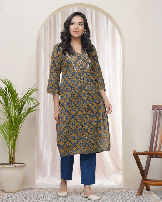 Blue Ajkakh Printed Gathered Style V Neckline Kurti With Embroidered Yoke