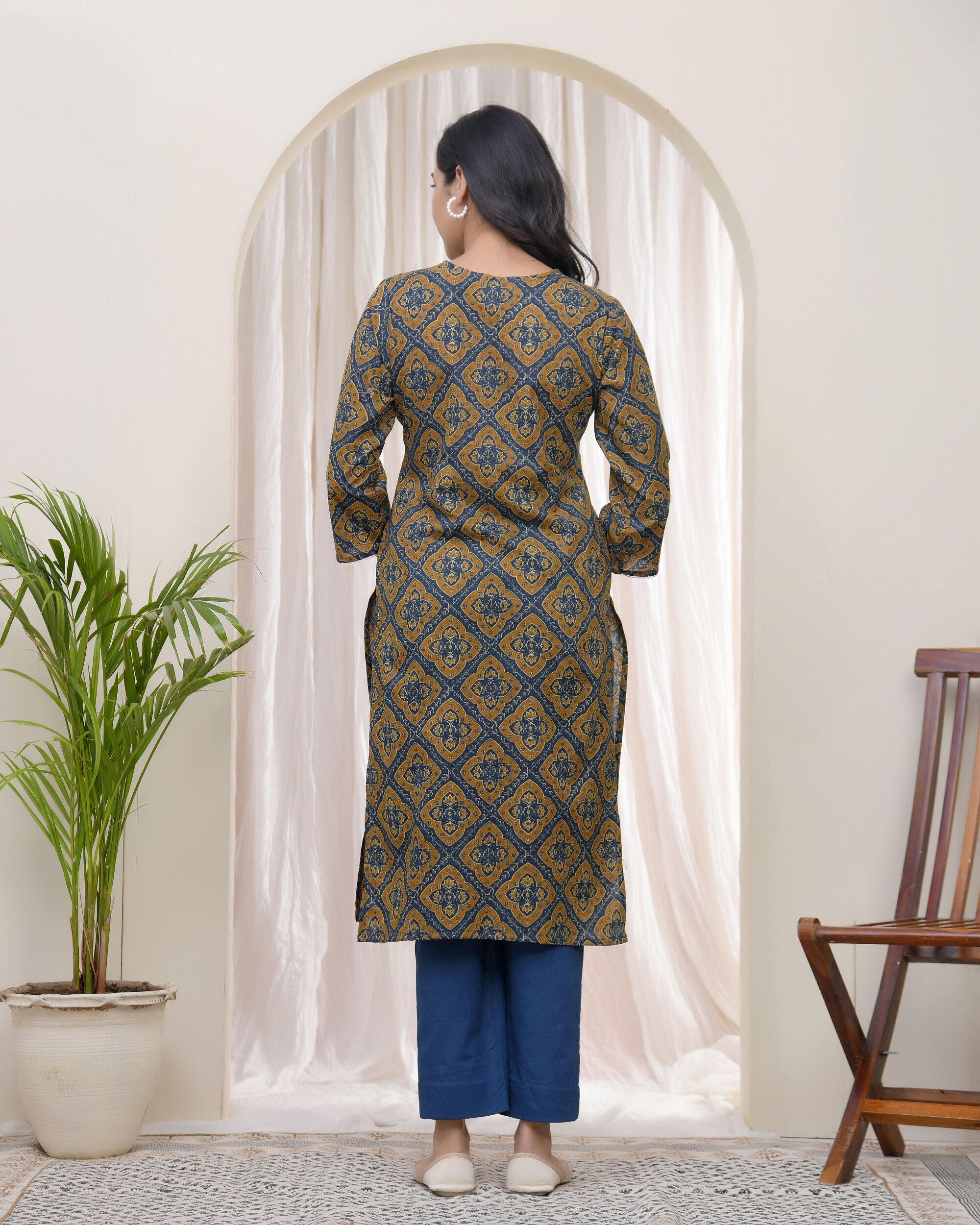 Blue Ajkakh Printed Gathered Style V Neckline Kurti With Embroidered Yoke