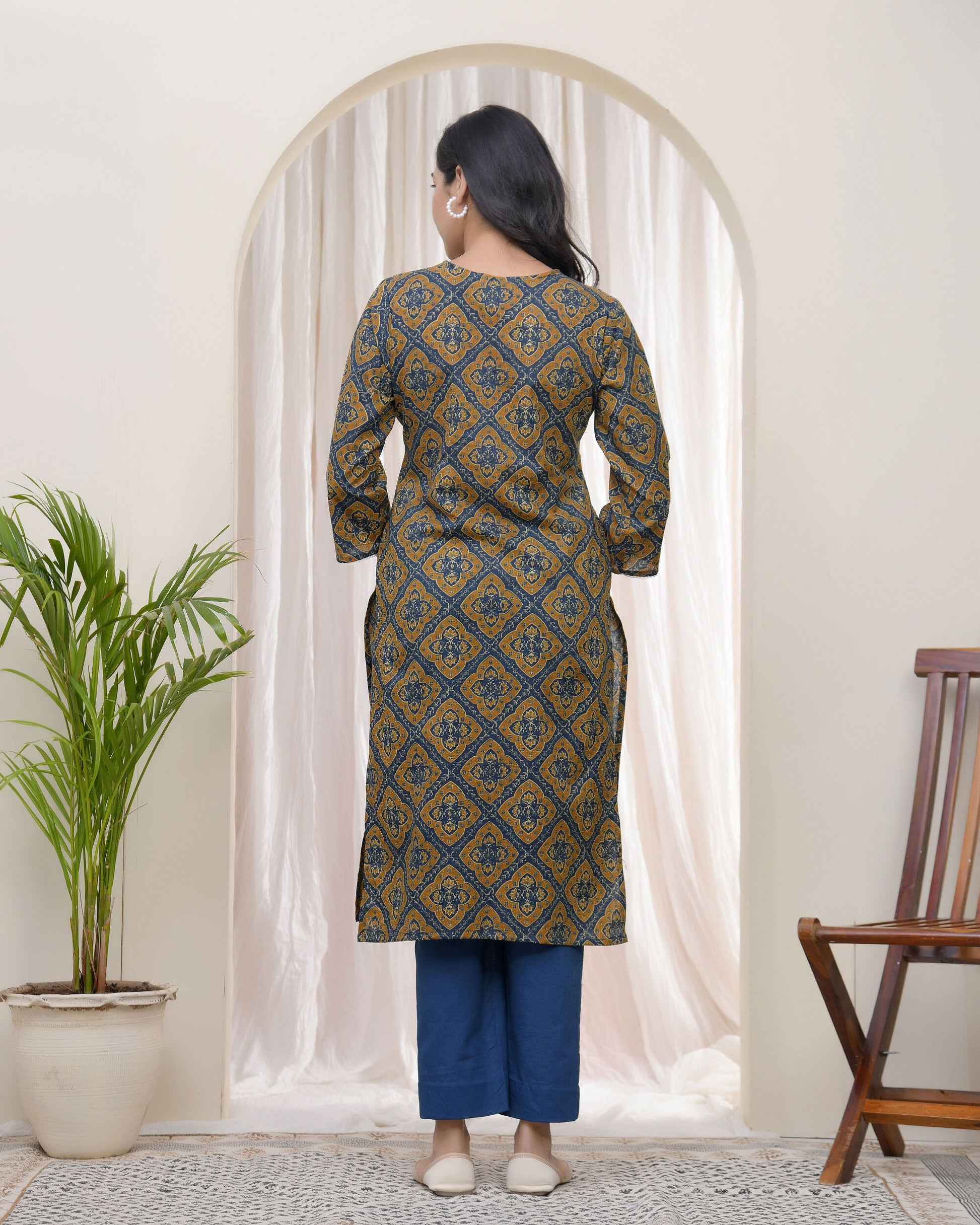 Blue Ajkakh Printed Gathered Style V Neckline Kurti With Embroidered Yoke