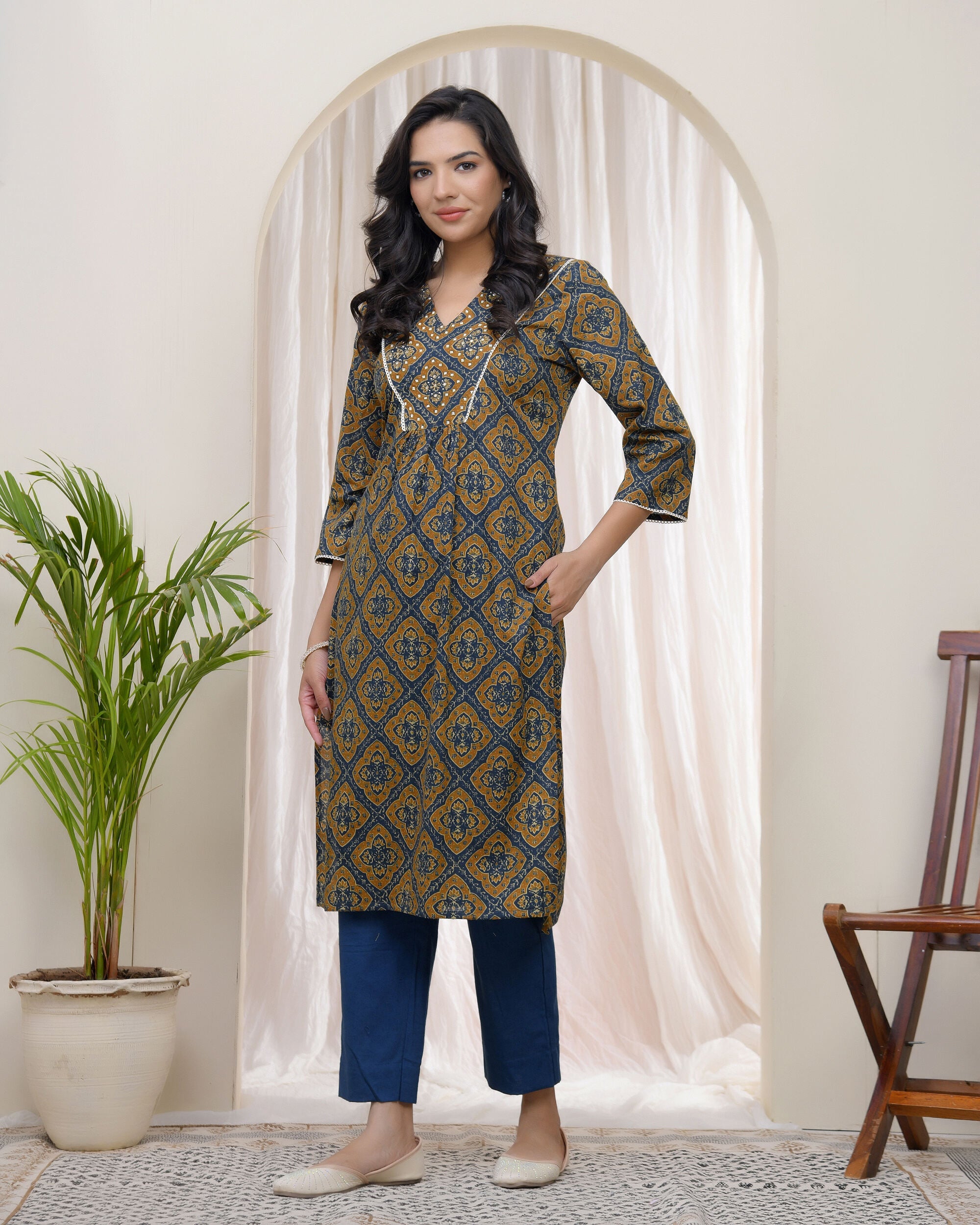 Blue Ajkakh Printed Gathered Style V Neckline Kurti With Embroidered Yoke