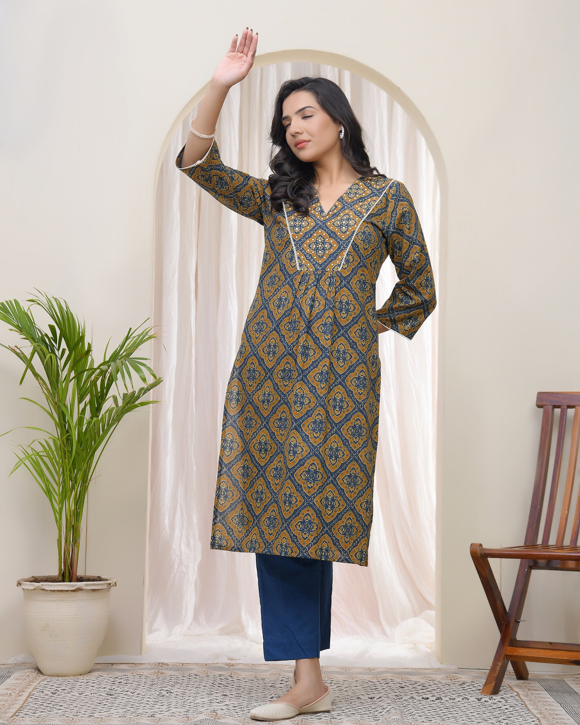 Blue Ajkakh Printed Gathered Style V Neckline Kurti With Embroidered Yoke