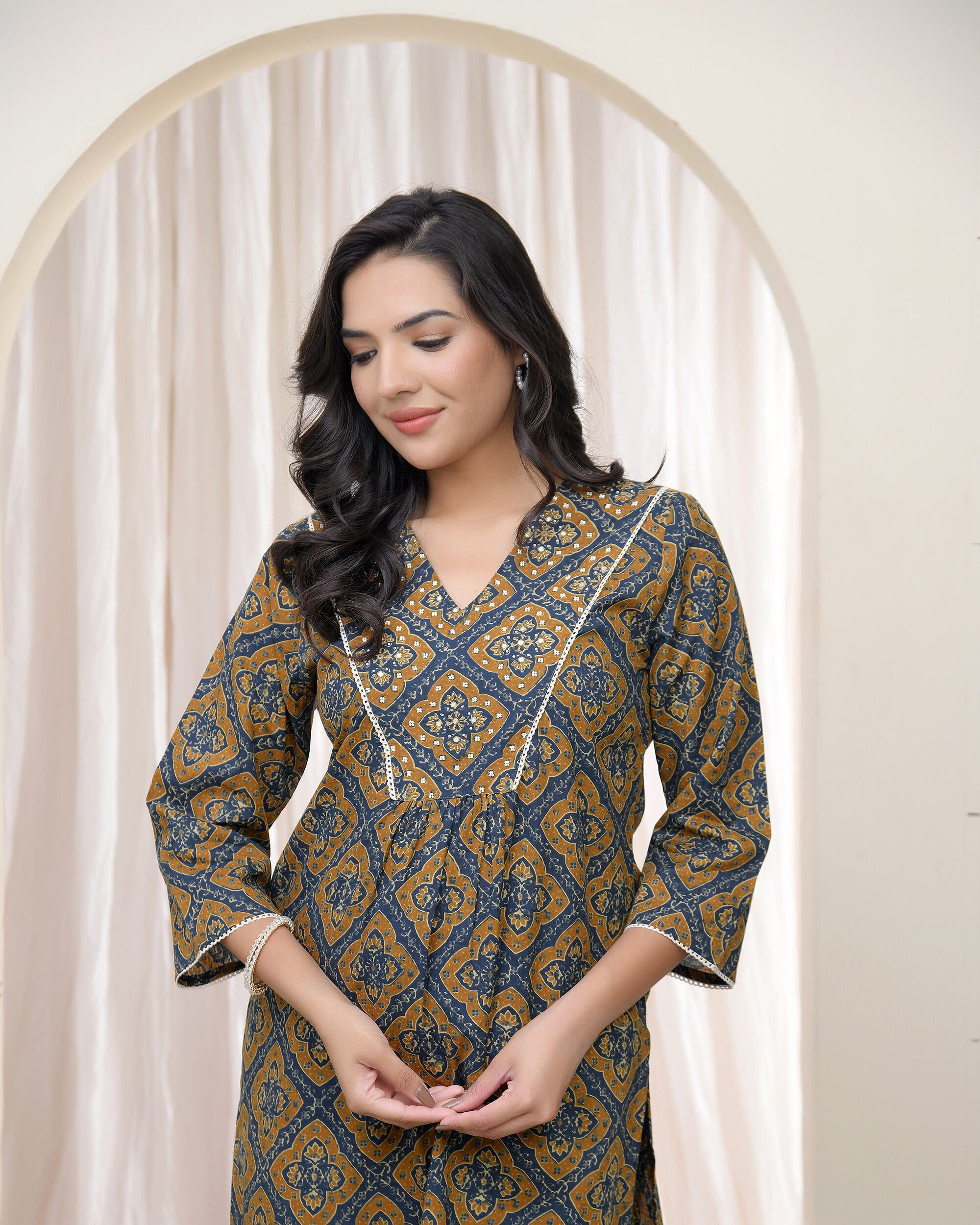 Blue Ajkakh Printed Gathered Style V Neckline Kurti With Embroidered Yoke