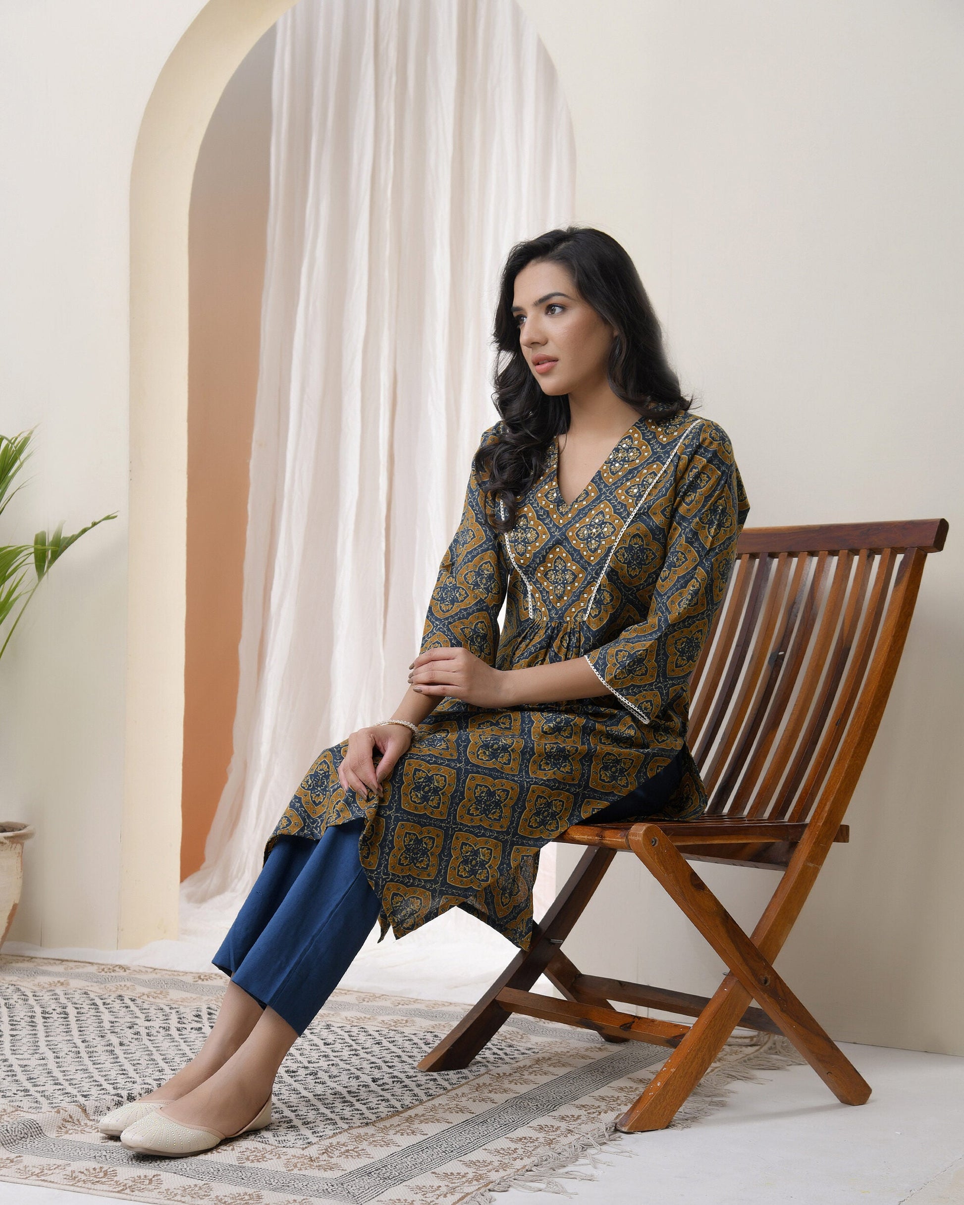 Blue Ajkakh Printed Gathered Style V Neckline Kurti With Embroidered Yoke