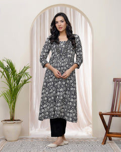 Black Floral Cotton printed gathered Kurti