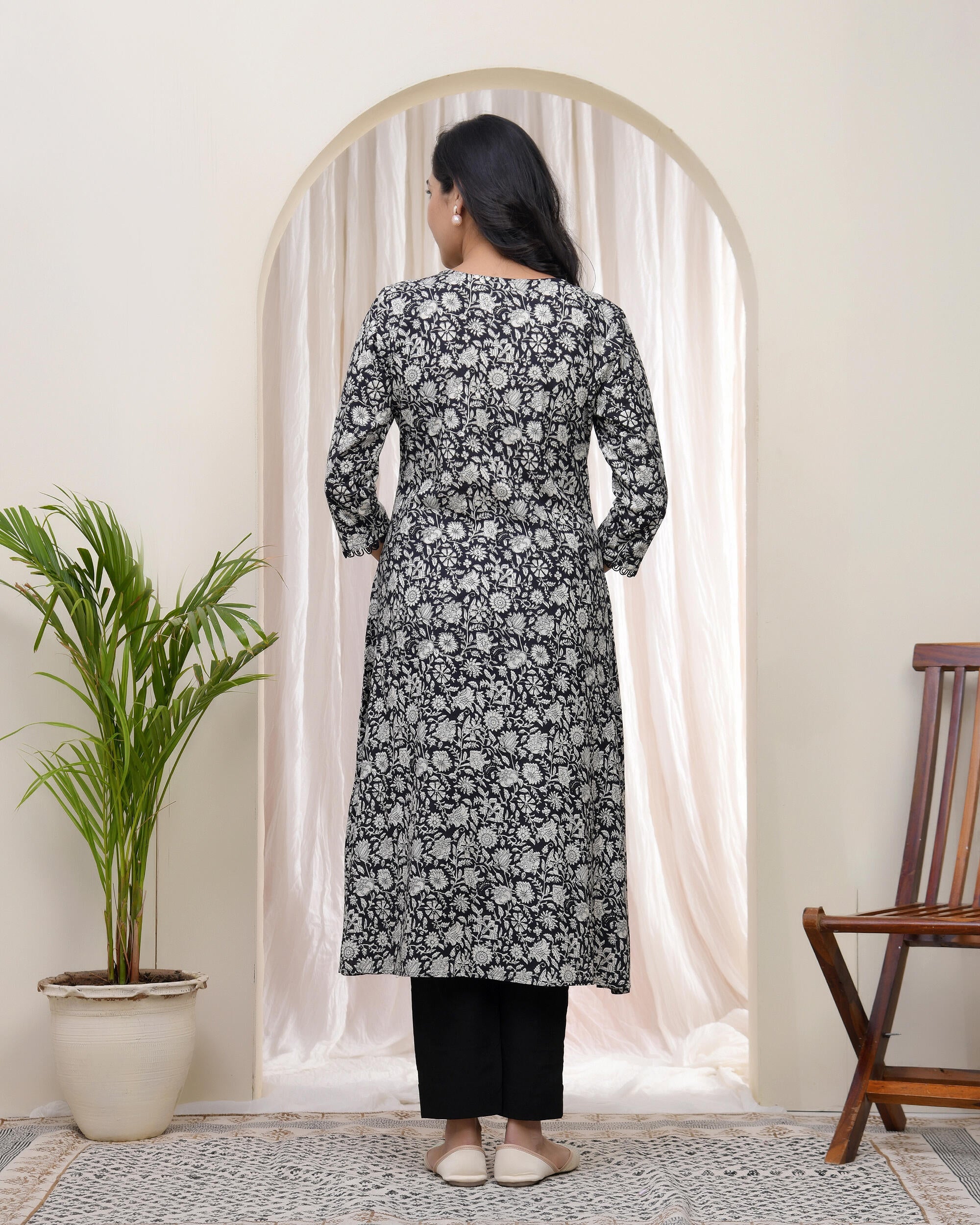 Black Floral Cotton printed gathered Kurti