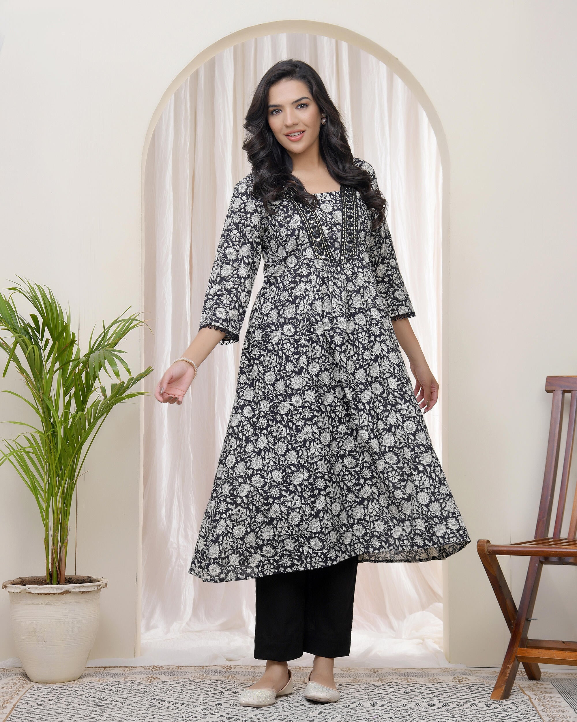 Black Floral Cotton printed gathered Kurti