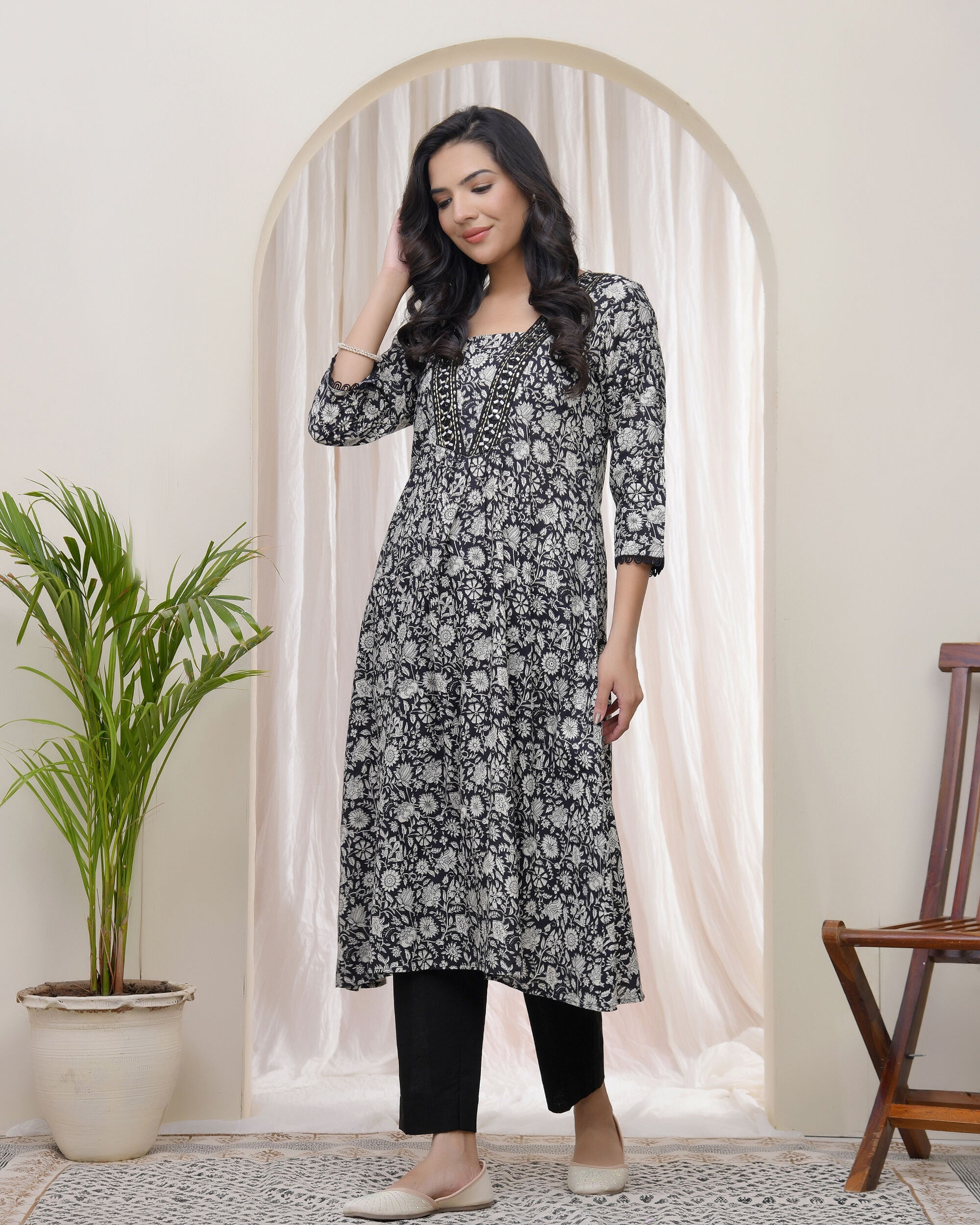 Black Floral Cotton printed gathered Kurti
