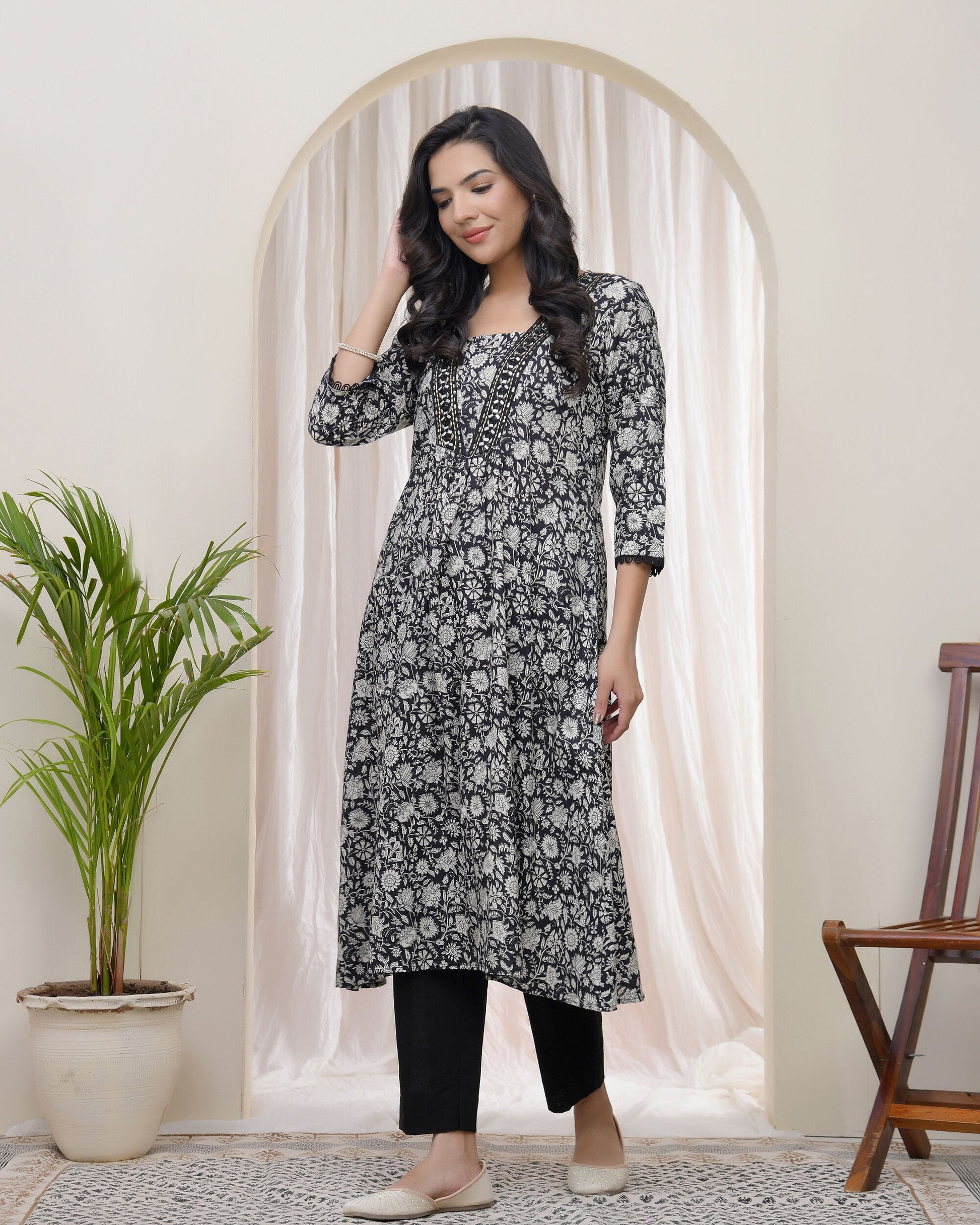 Black Floral Cotton printed gathered Kurti