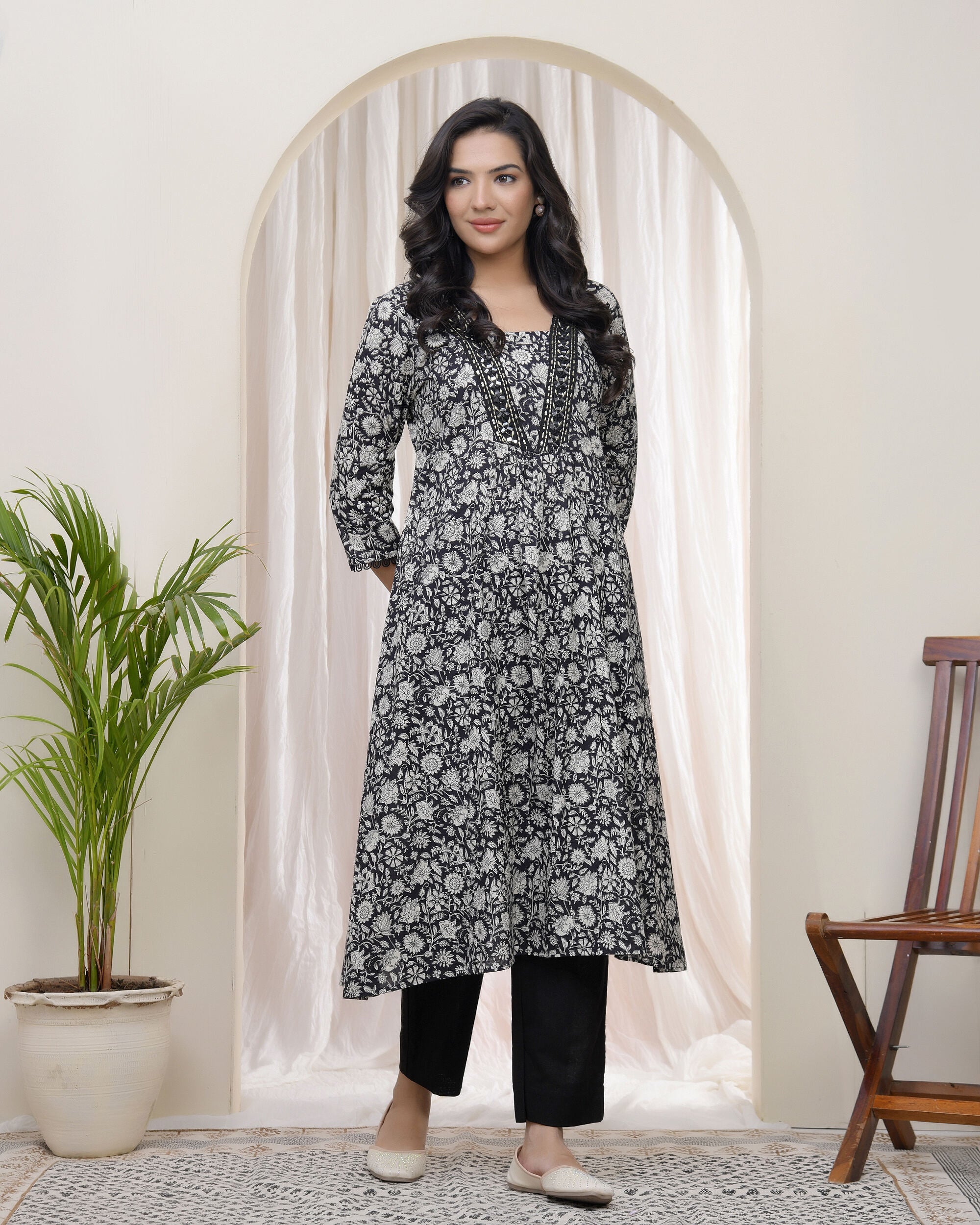 Black Floral Cotton printed gathered Kurti