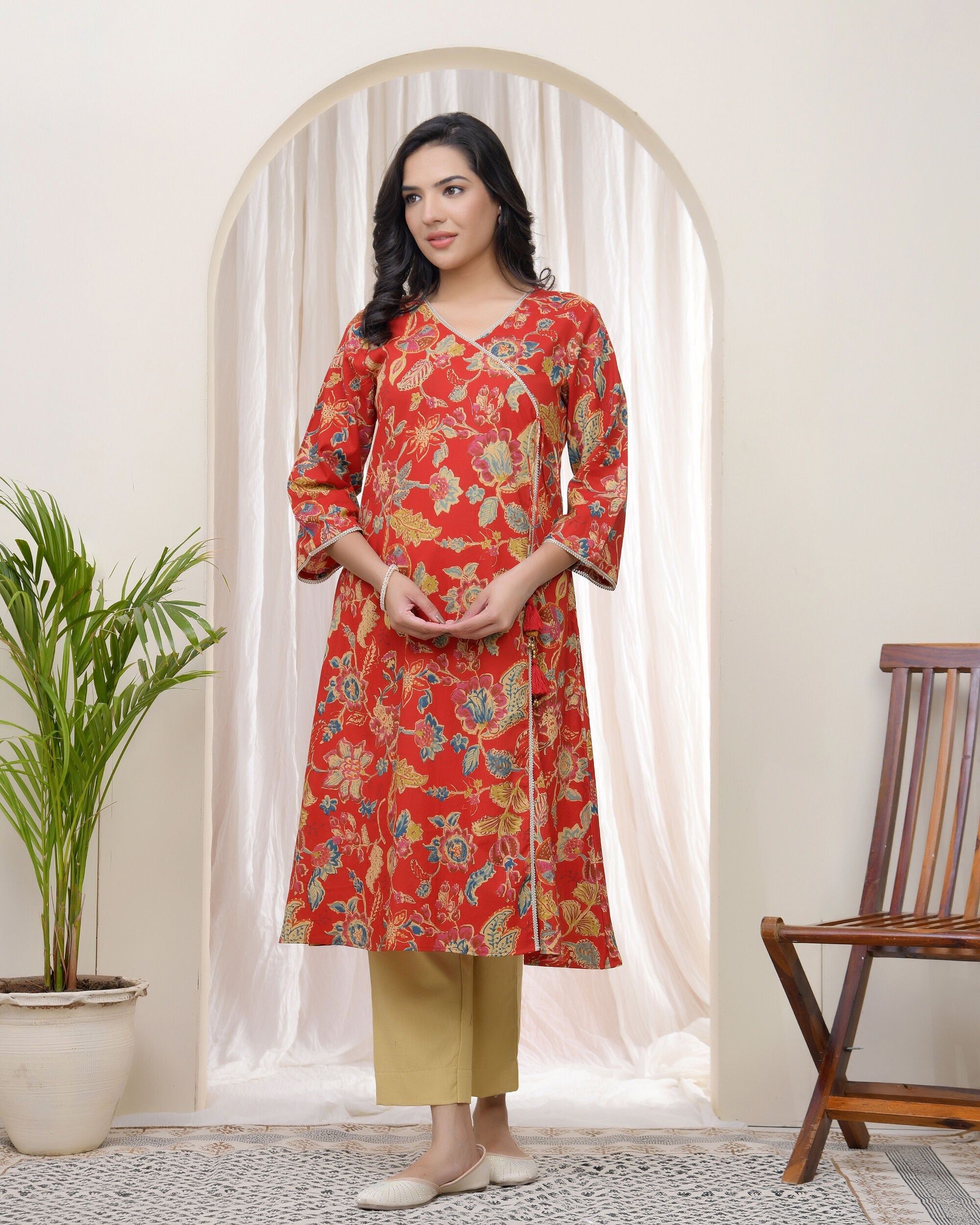 Women Red Cotton angrakha kurta