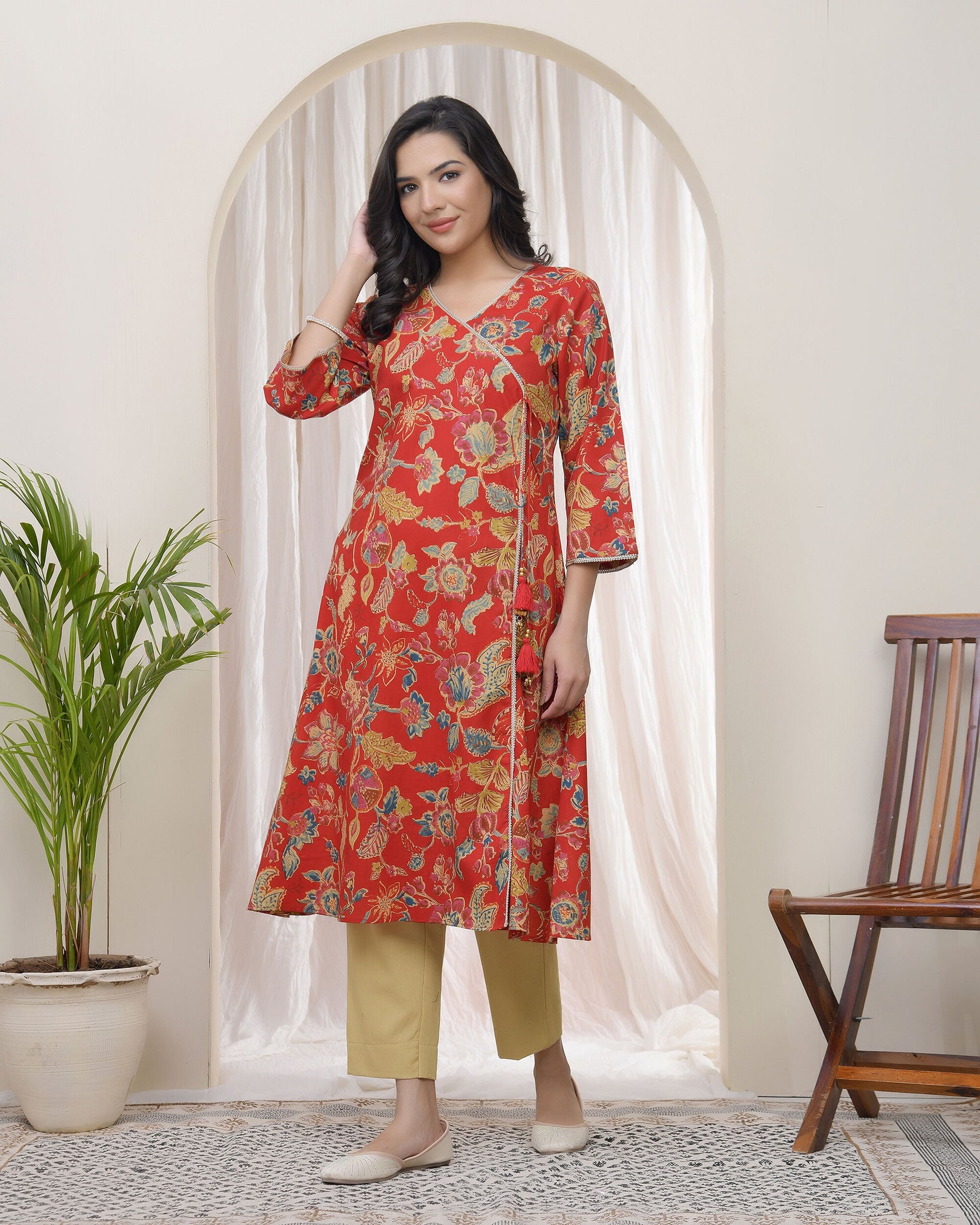 Women Red Cotton angrakha kurta