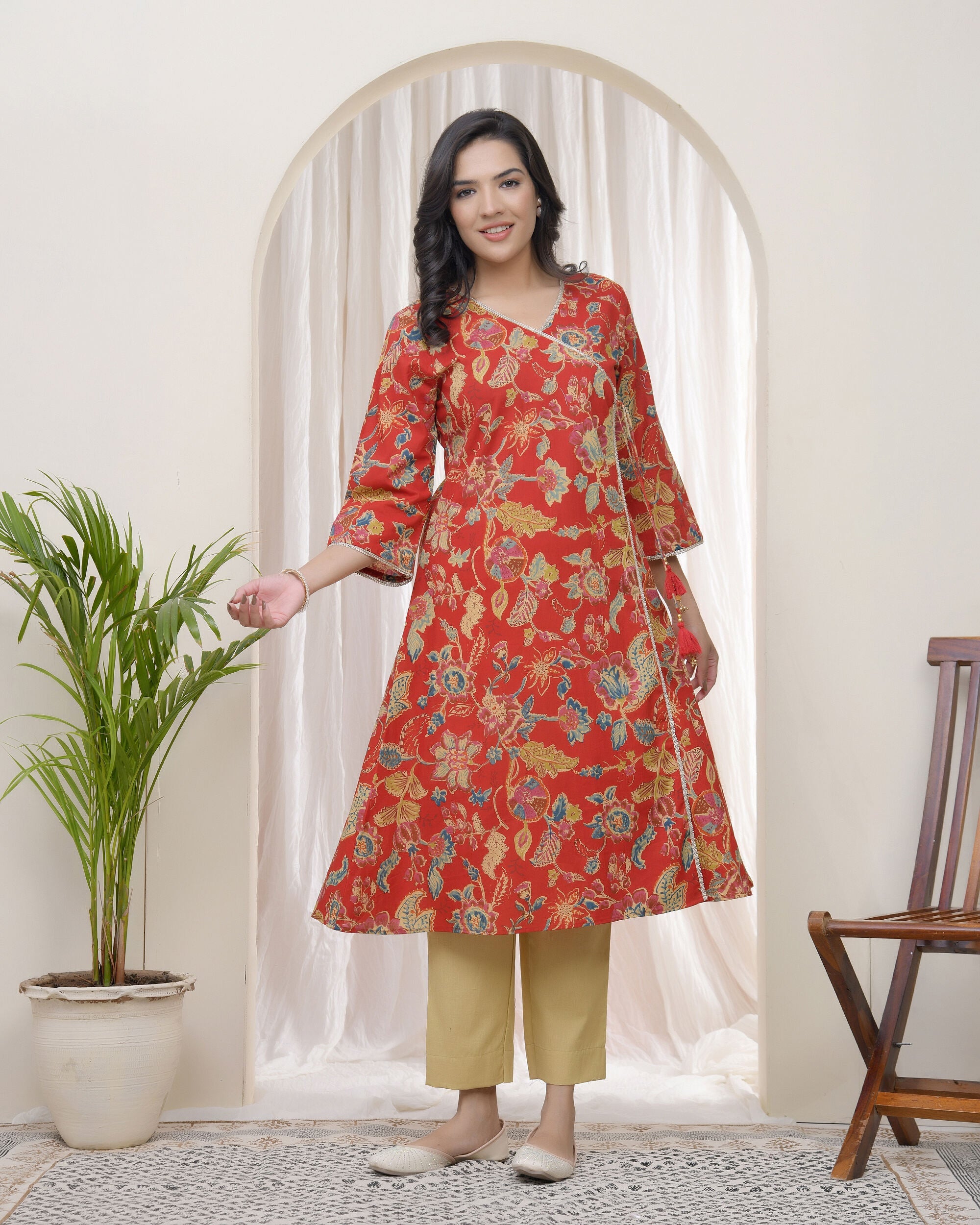 Women Red Cotton angrakha kurta
