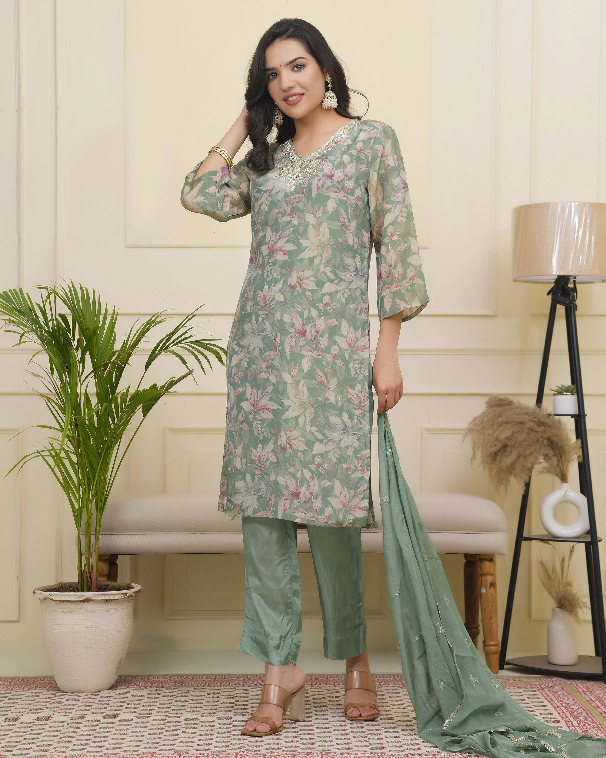 Women tissue shimmer kurta with silk pant & dupatta
