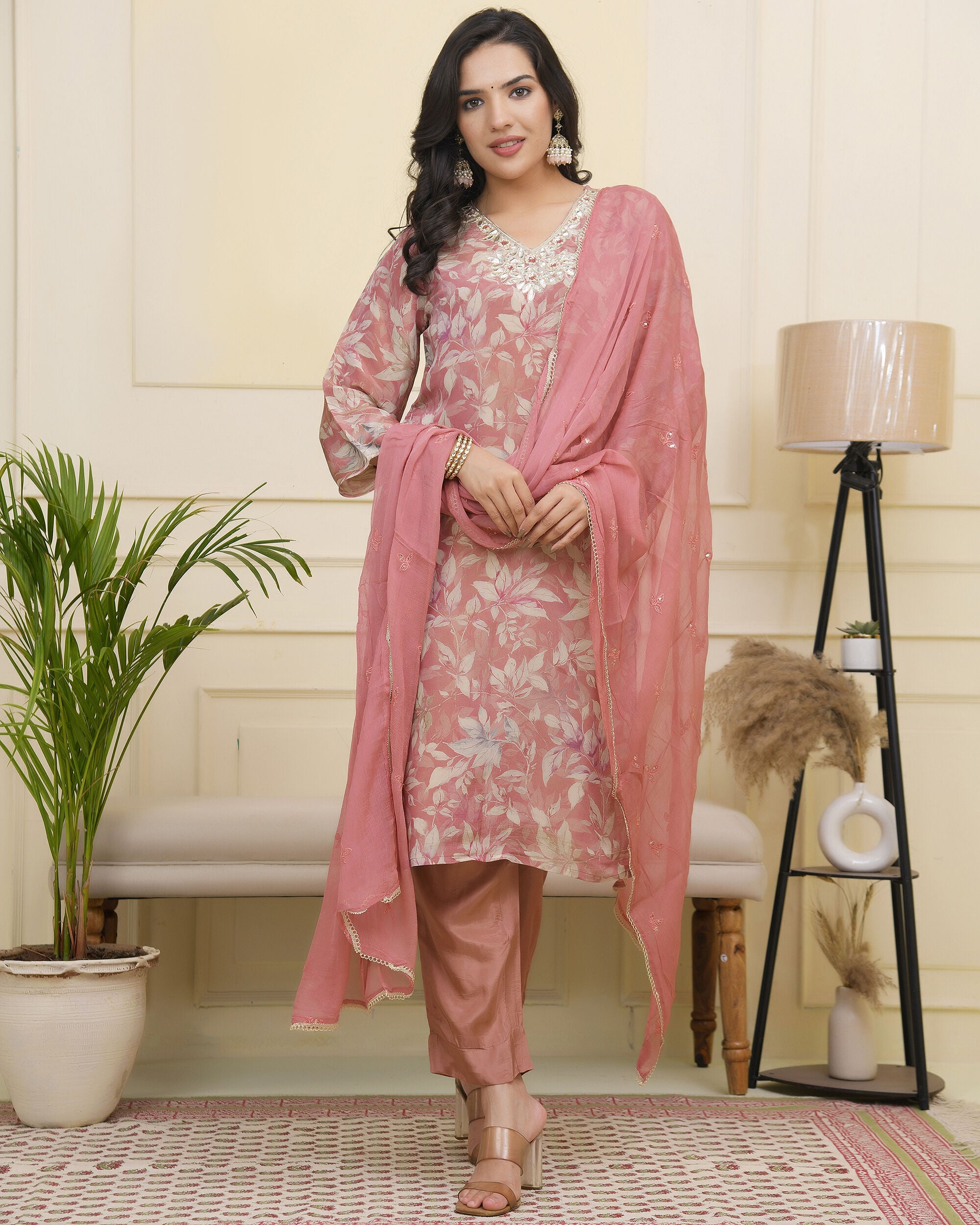 Women tissue shimmer kurta with silk pant & dupatta