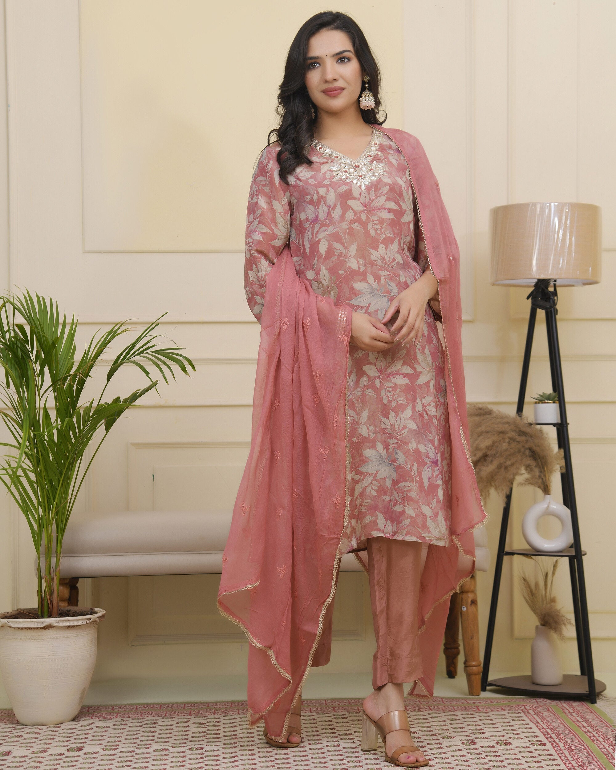 Women tissue shimmer kurta with silk pant & dupatta