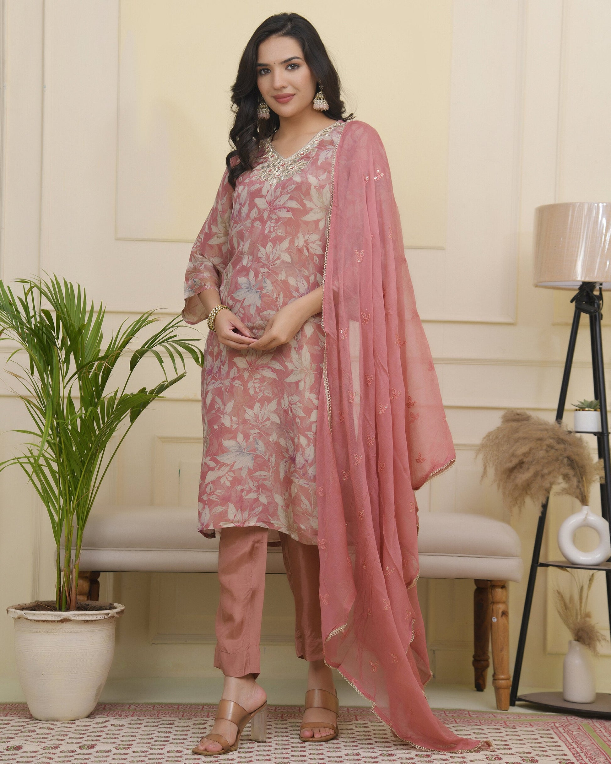 Women tissue shimmer kurta with silk pant & dupatta