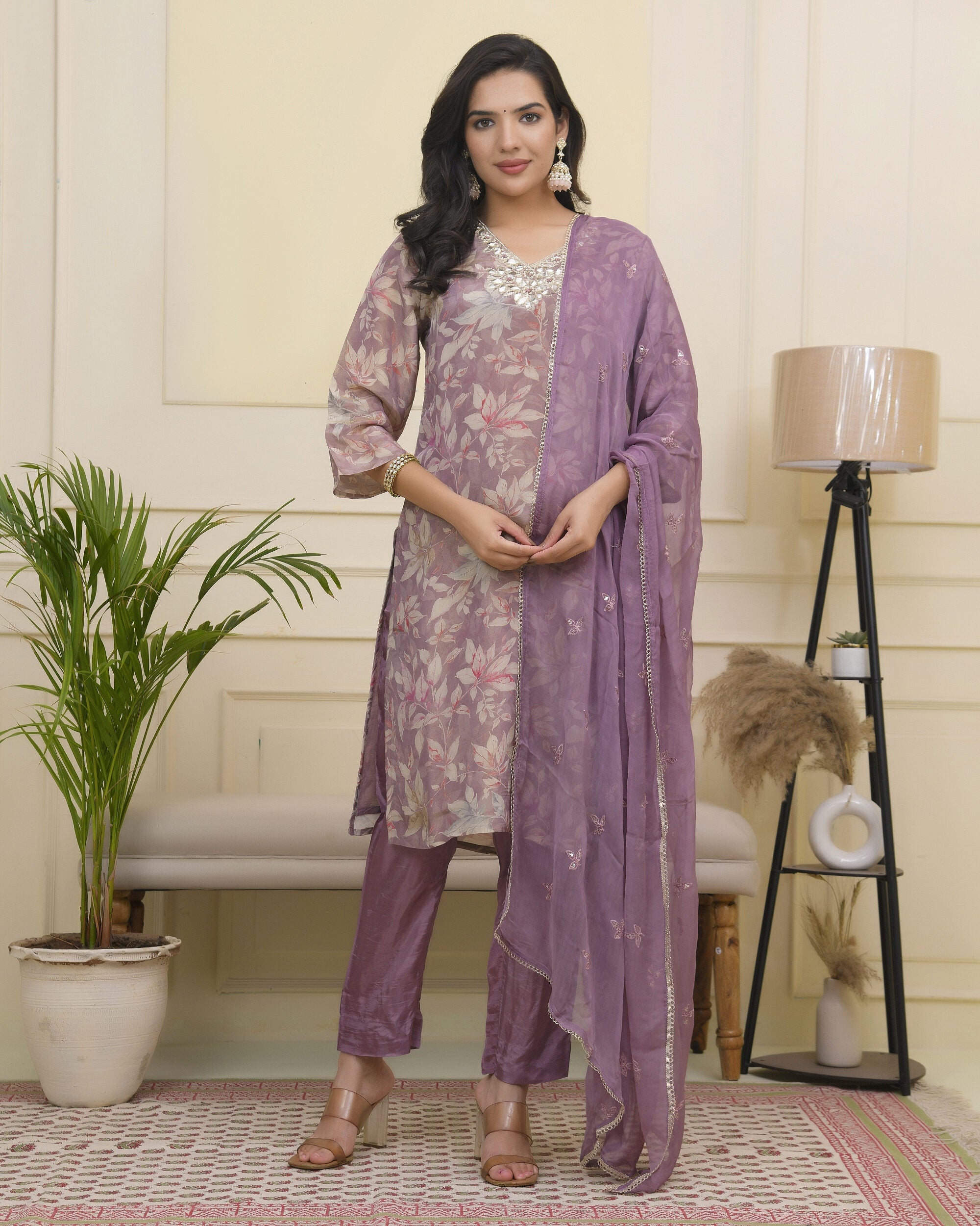Women tissue shimmer kurta with silk pant & dupatta