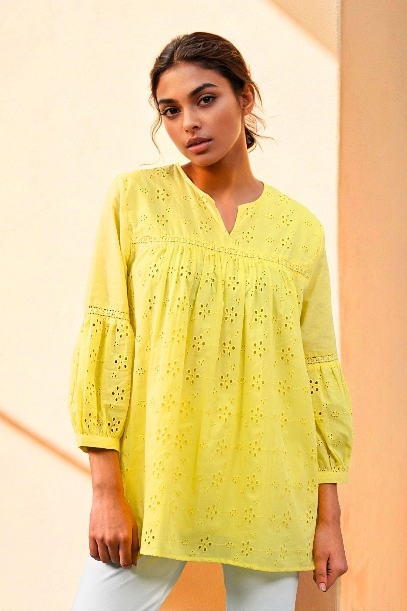 Aura Belle Embroidered Schiffli Kurti - Yellow