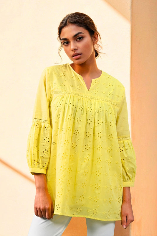 Aura Belle Embroidered Schiffli Kurti - Yellow