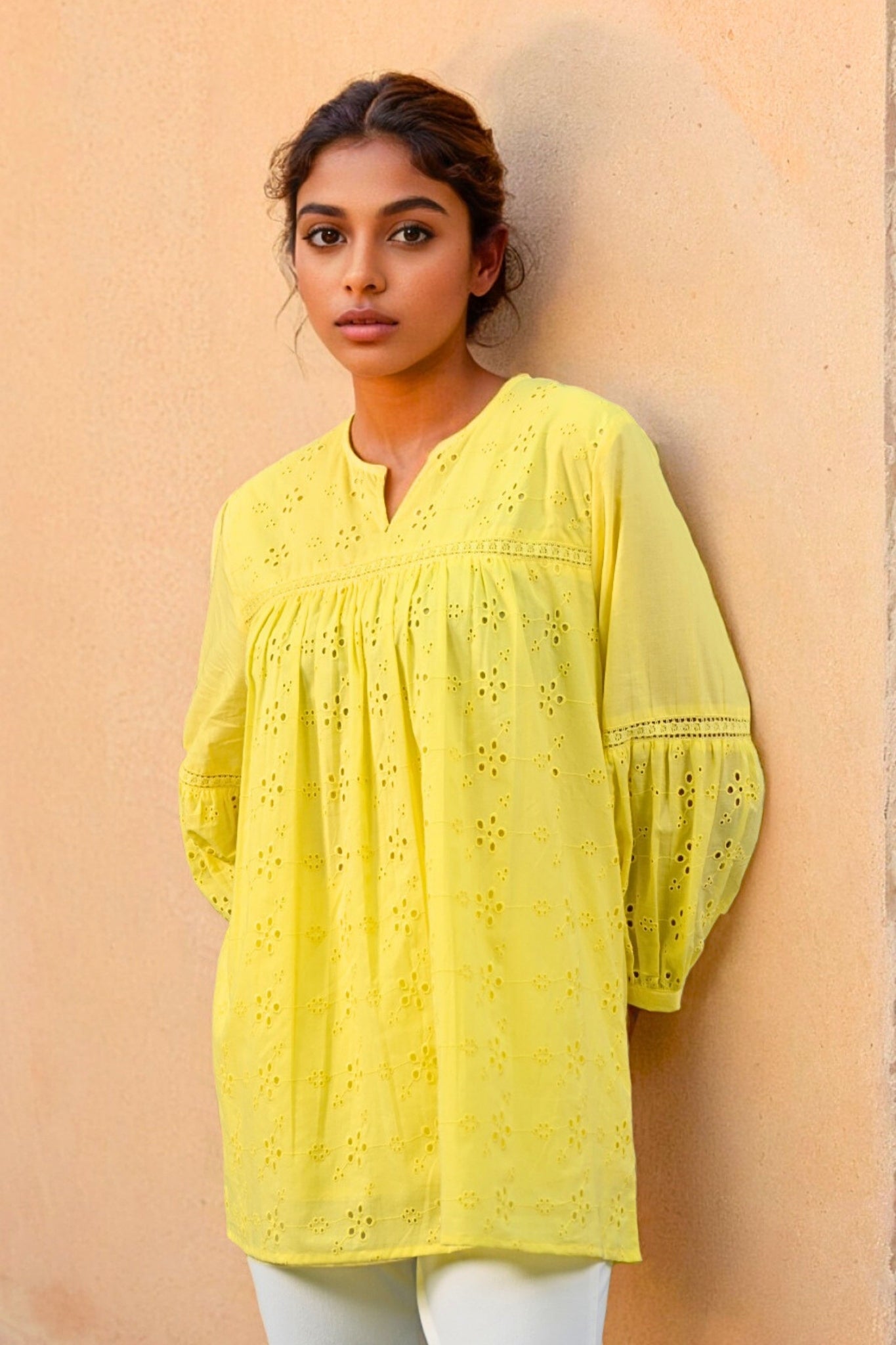 Aura Belle Embroidered Schiffli Kurti - Yellow