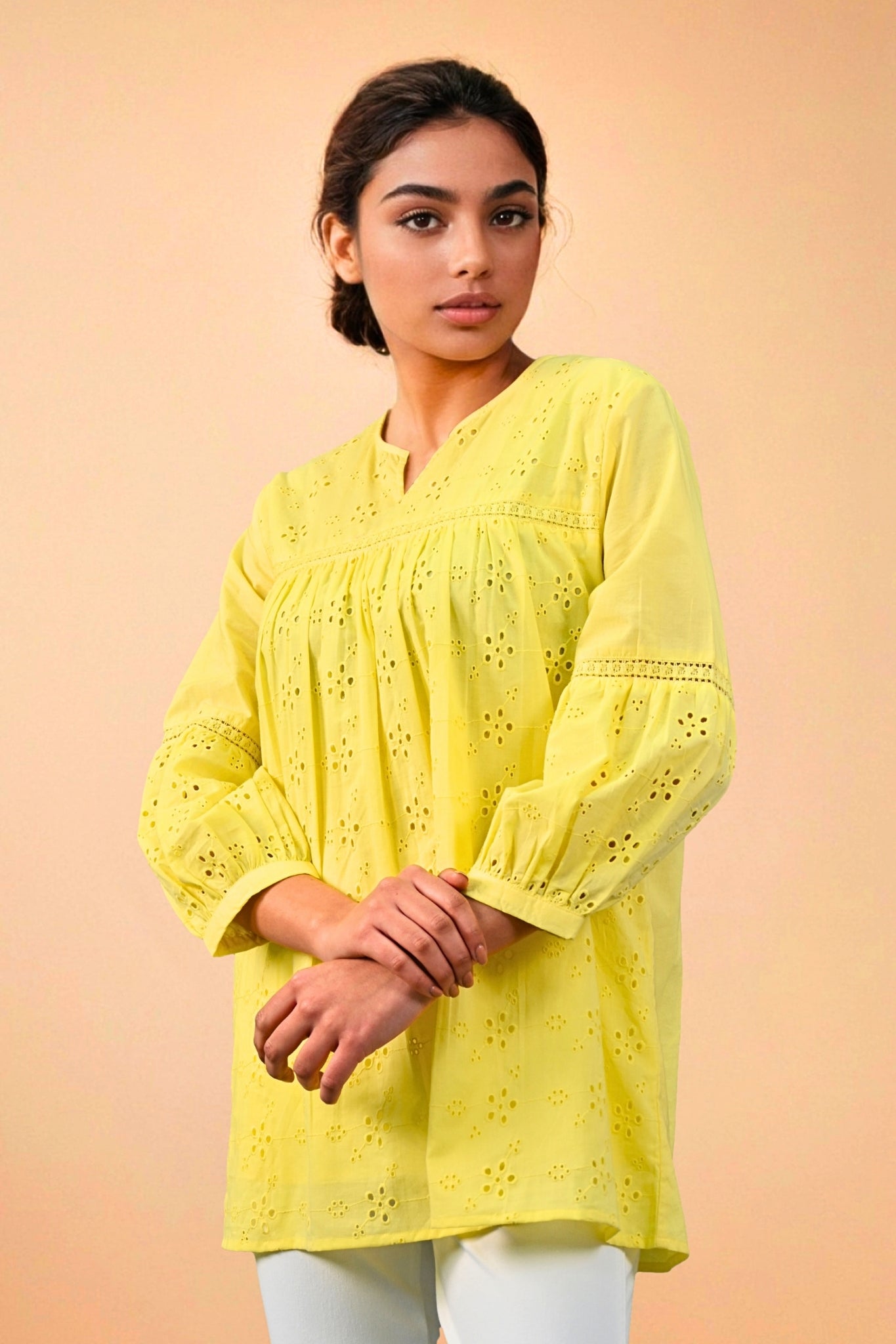 Aura Belle Embroidered Schiffli Kurti - Yellow
