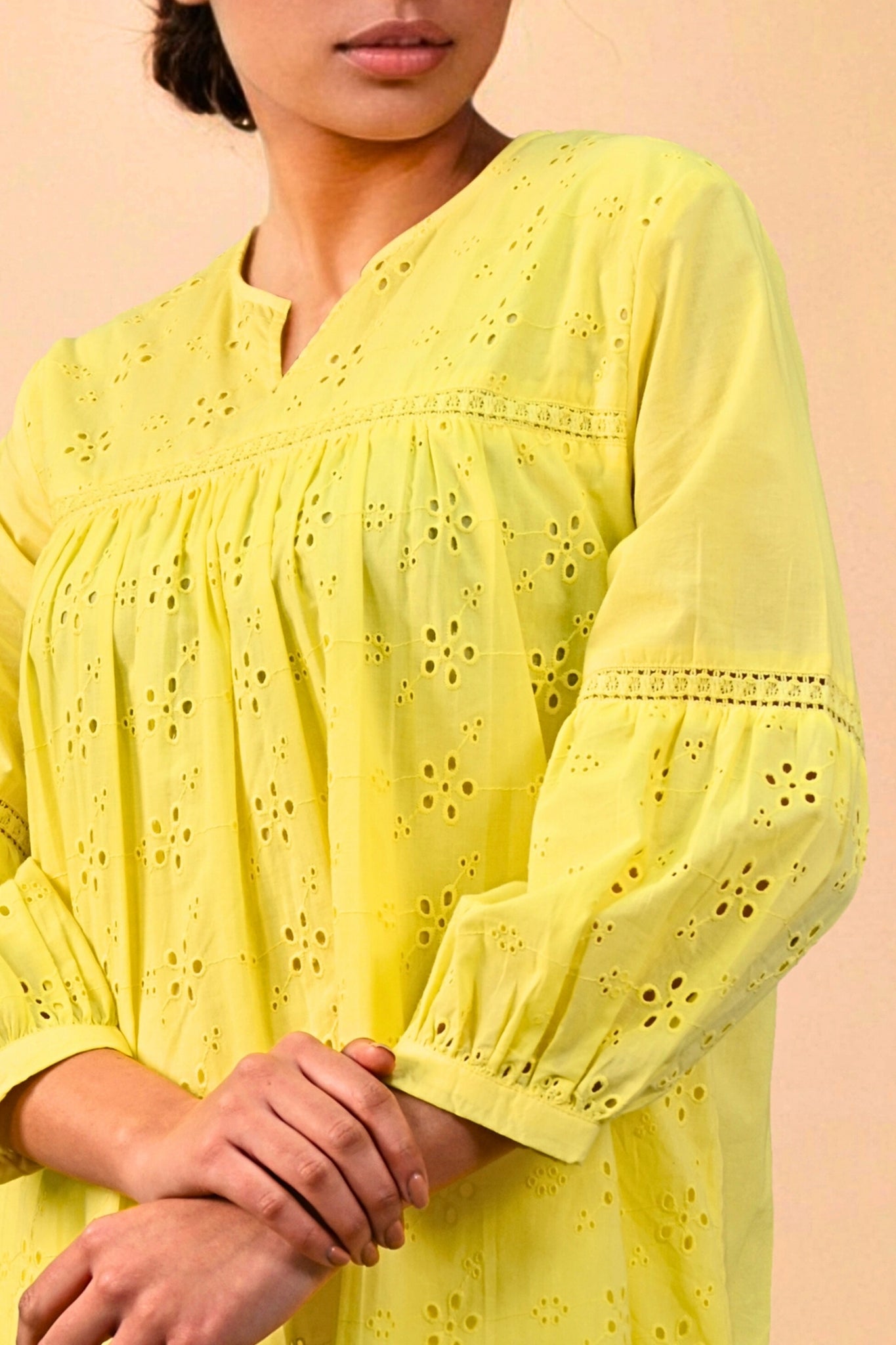 Aura Belle Embroidered Schiffli Kurti - Yellow