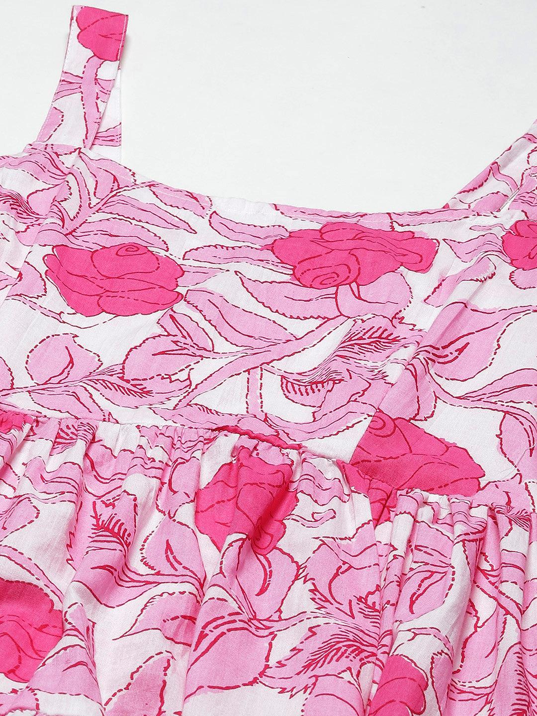  white & Pink Floral Shoulder Strip Long Dress -  world