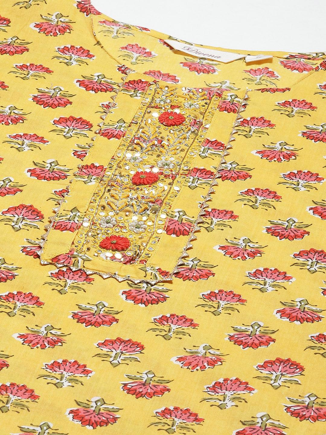  Yellow Floral Cotton Kurta Pant Set with Dupatta -  world