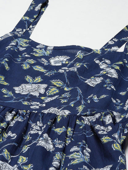  Blue Floral Shoulder Strip Long Dress -  world