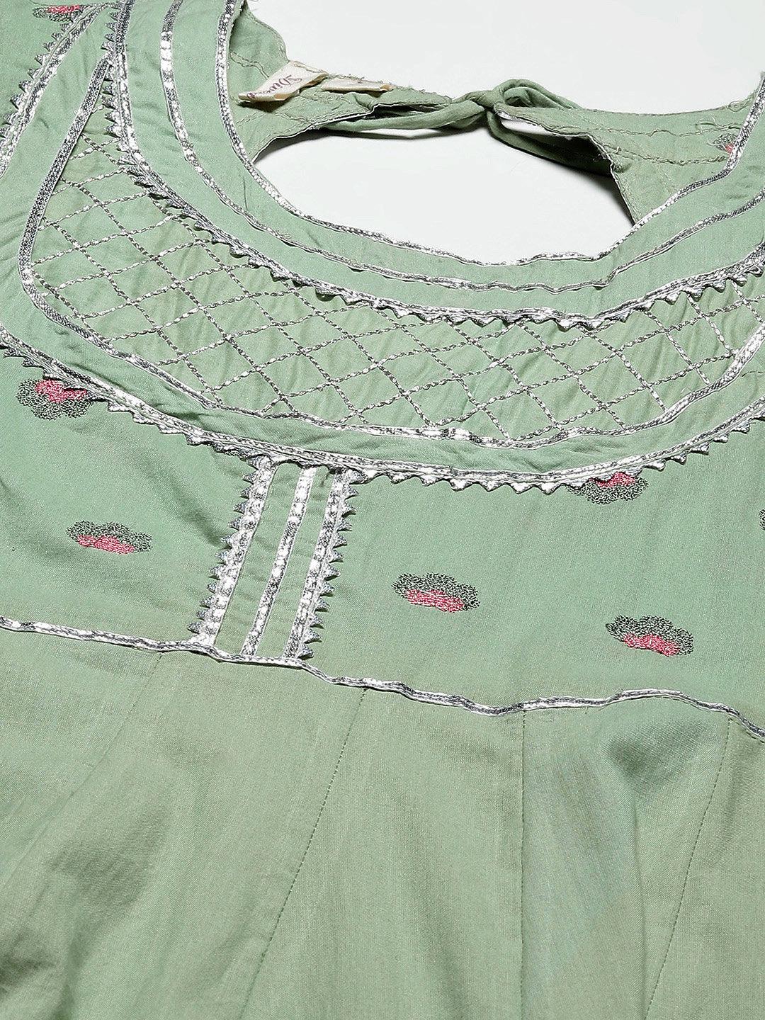  Solid Green Anarkali Kurta Pant Set with Kota doria dupatta -  world
