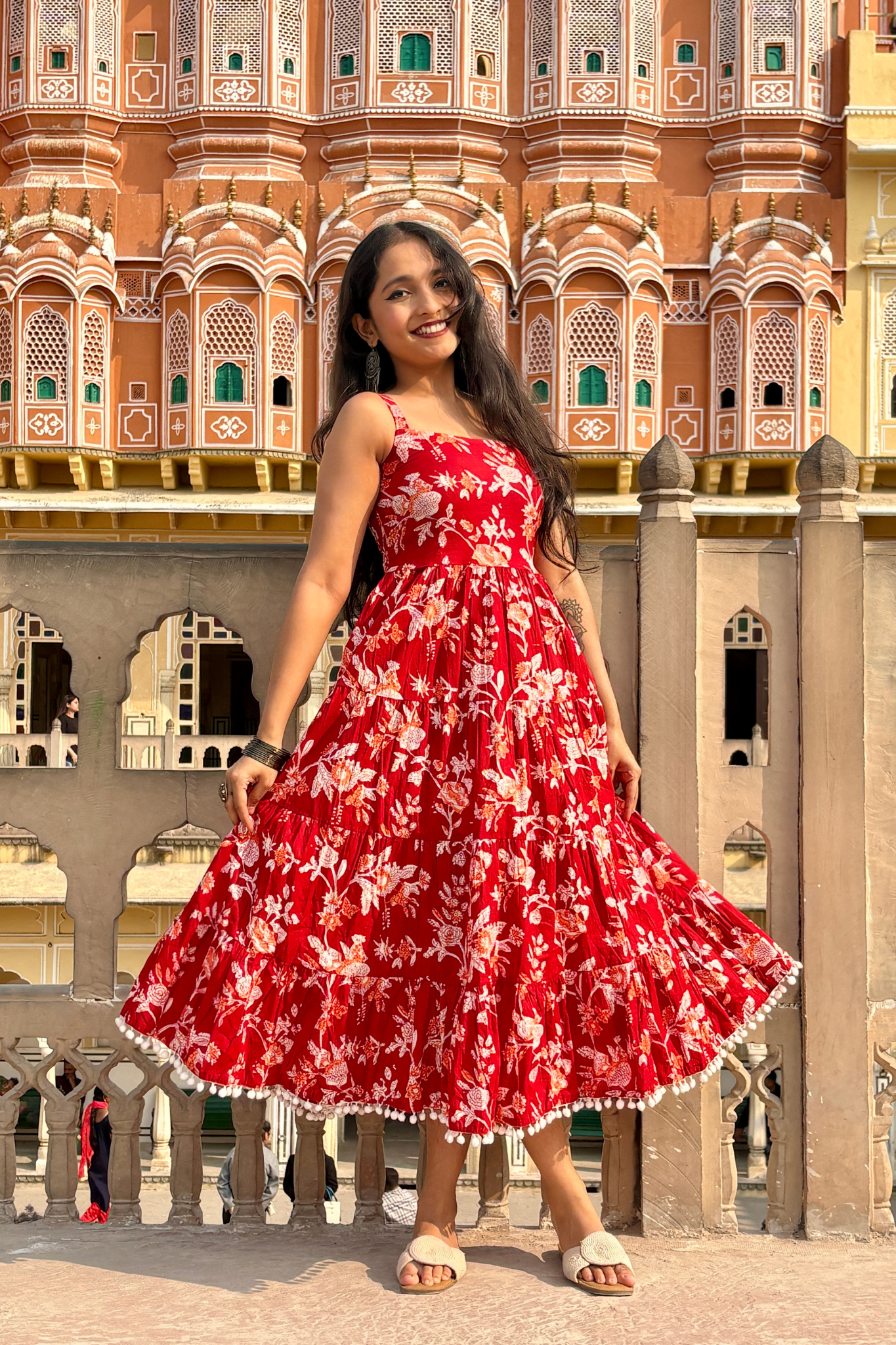 Red Floral Printed Shoulder Strap Long dress