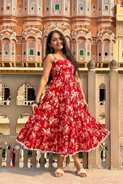 Red Floral Printed Shoulder Strap Long dress