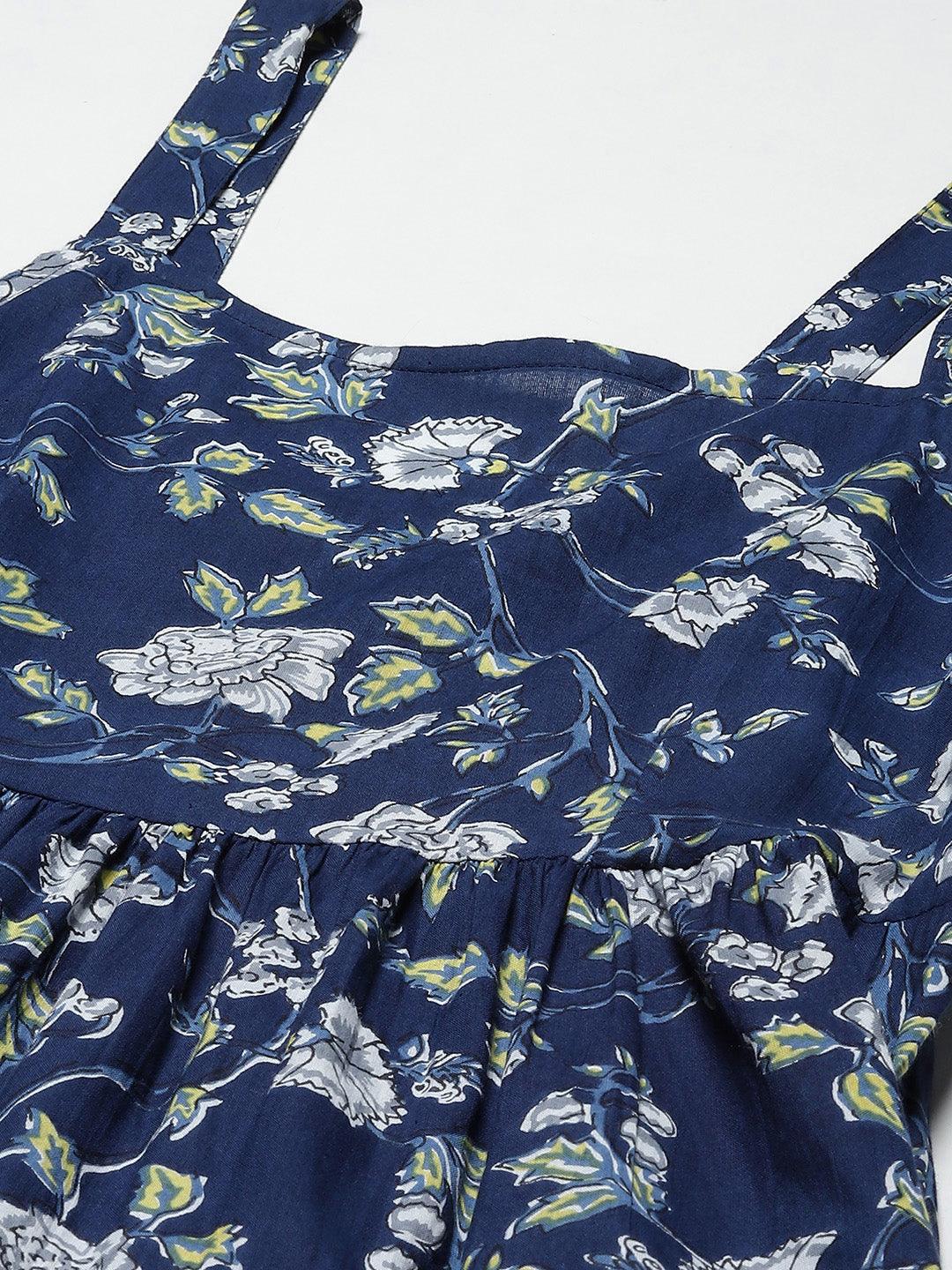  Blue Floral Shoulder Strip Long Dress -  world