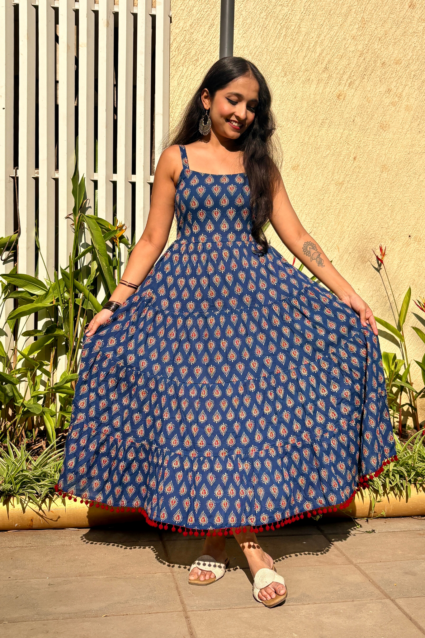Navy Blue Buti Printed Shoulder Strip Long dress