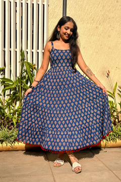 Navy Blue Buti Printed Shoulder Strip Long dress