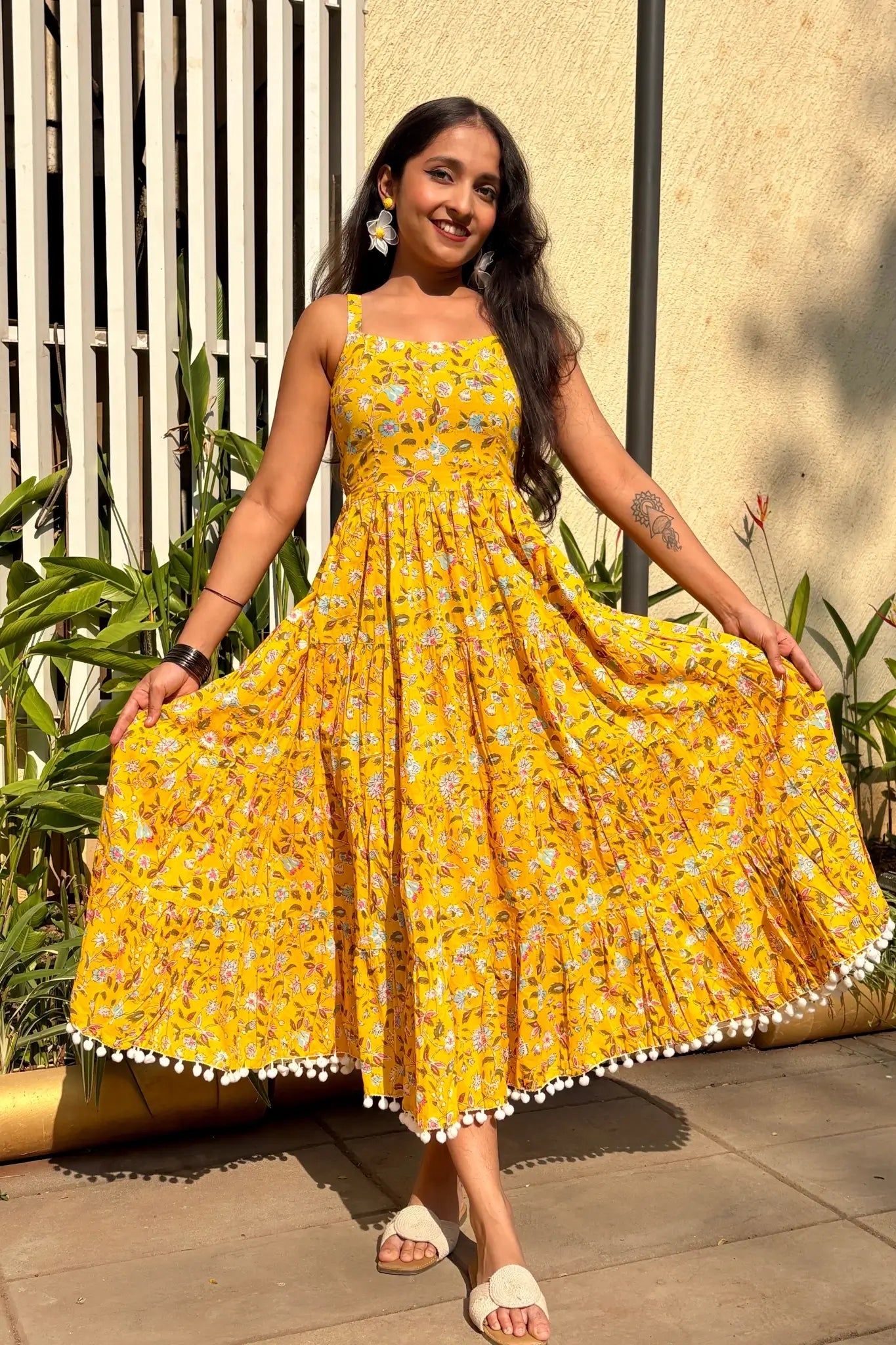 Yellow Floral Shoulder Strip Long Dress