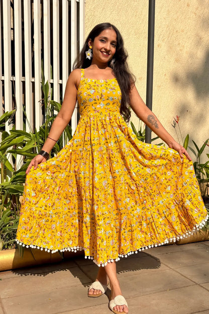 Yellow Floral Shoulder Strip Long Dress