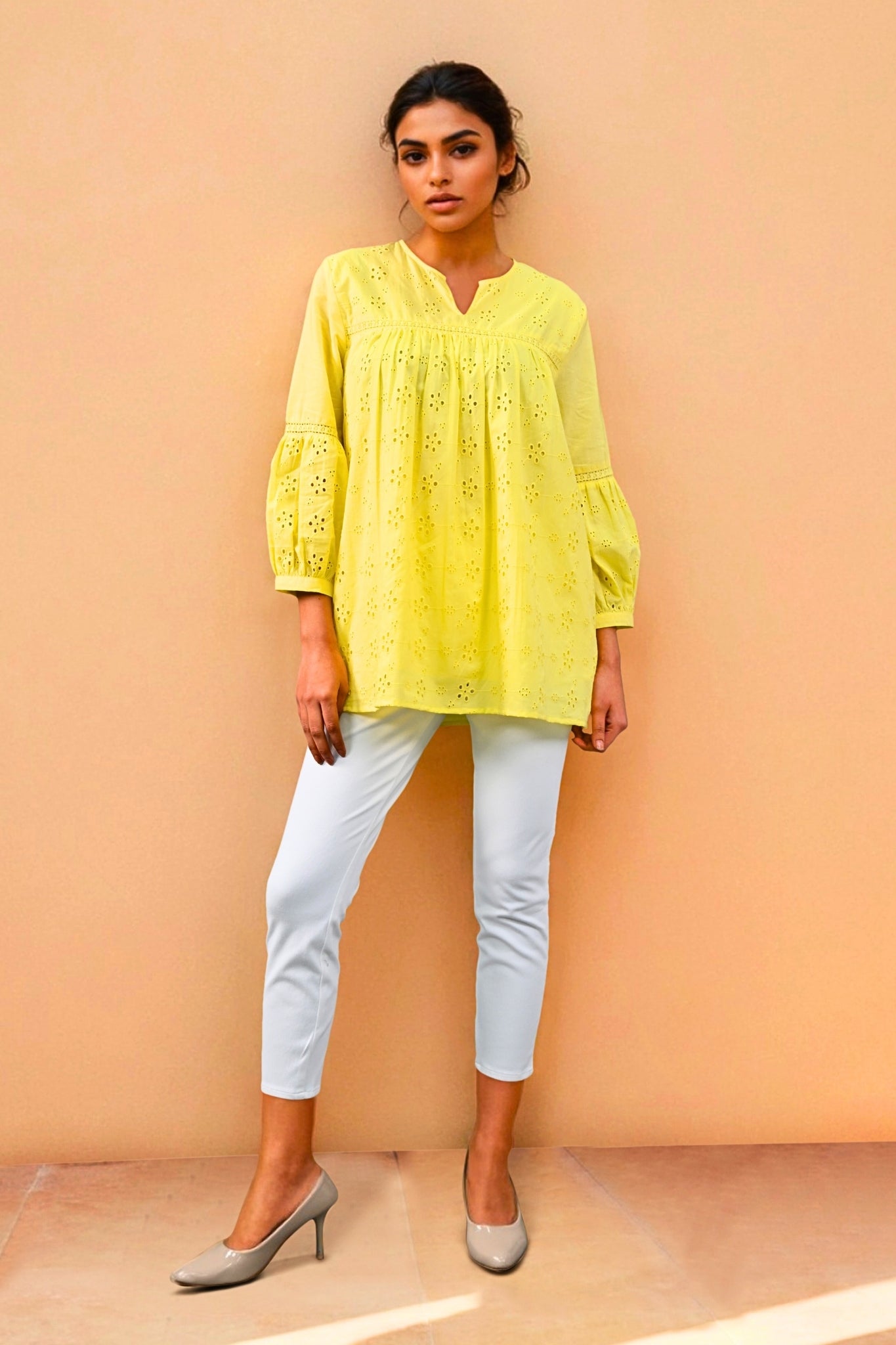 Aura Belle Embroidered Schiffli Kurti - Yellow