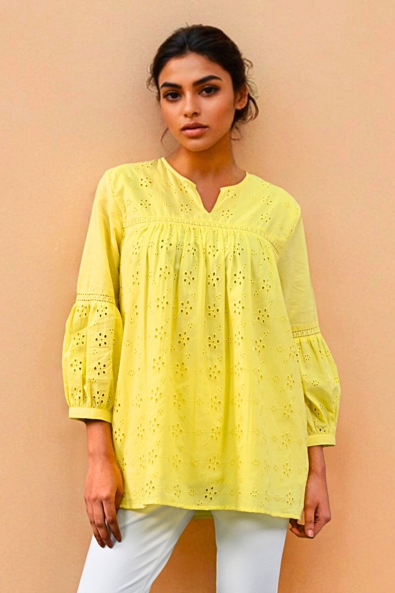 Aura Belle Embroidered Schiffli Kurti - Yellow