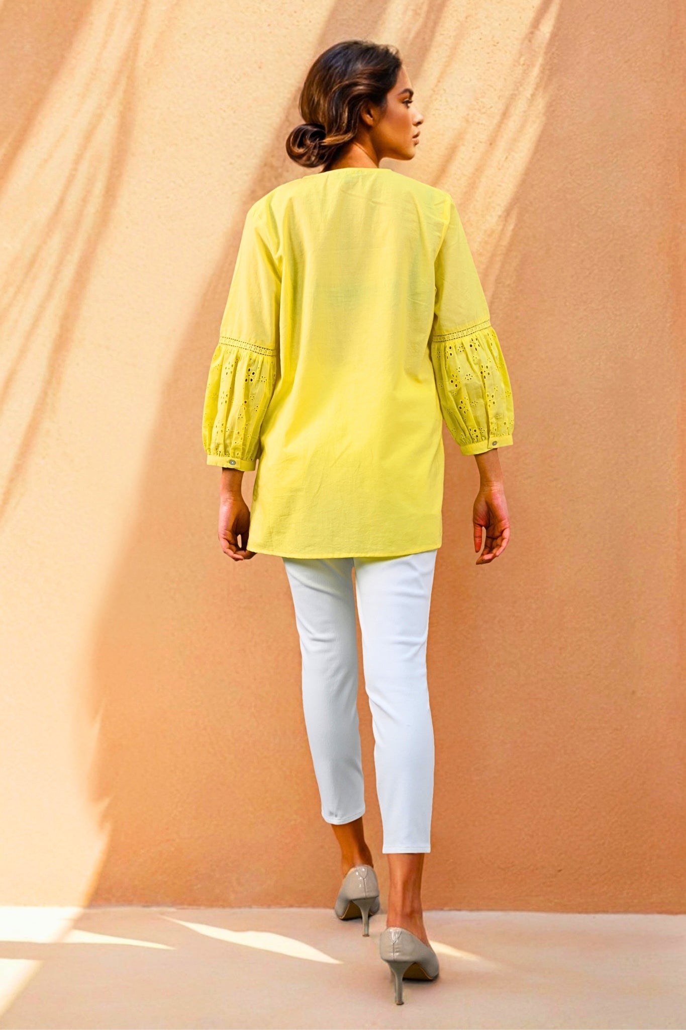 Aura Belle Embroidered Schiffli Kurti - Yellow
