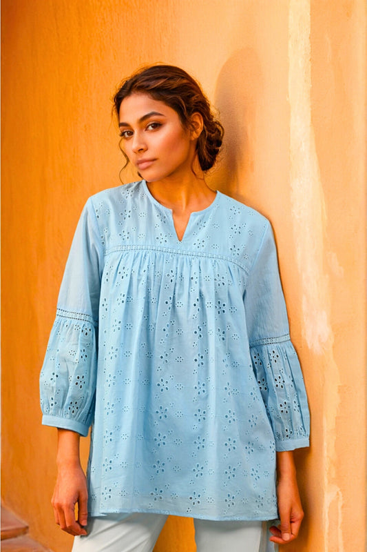 Aura Belle Embroidered Schiffli Kurti - Blue